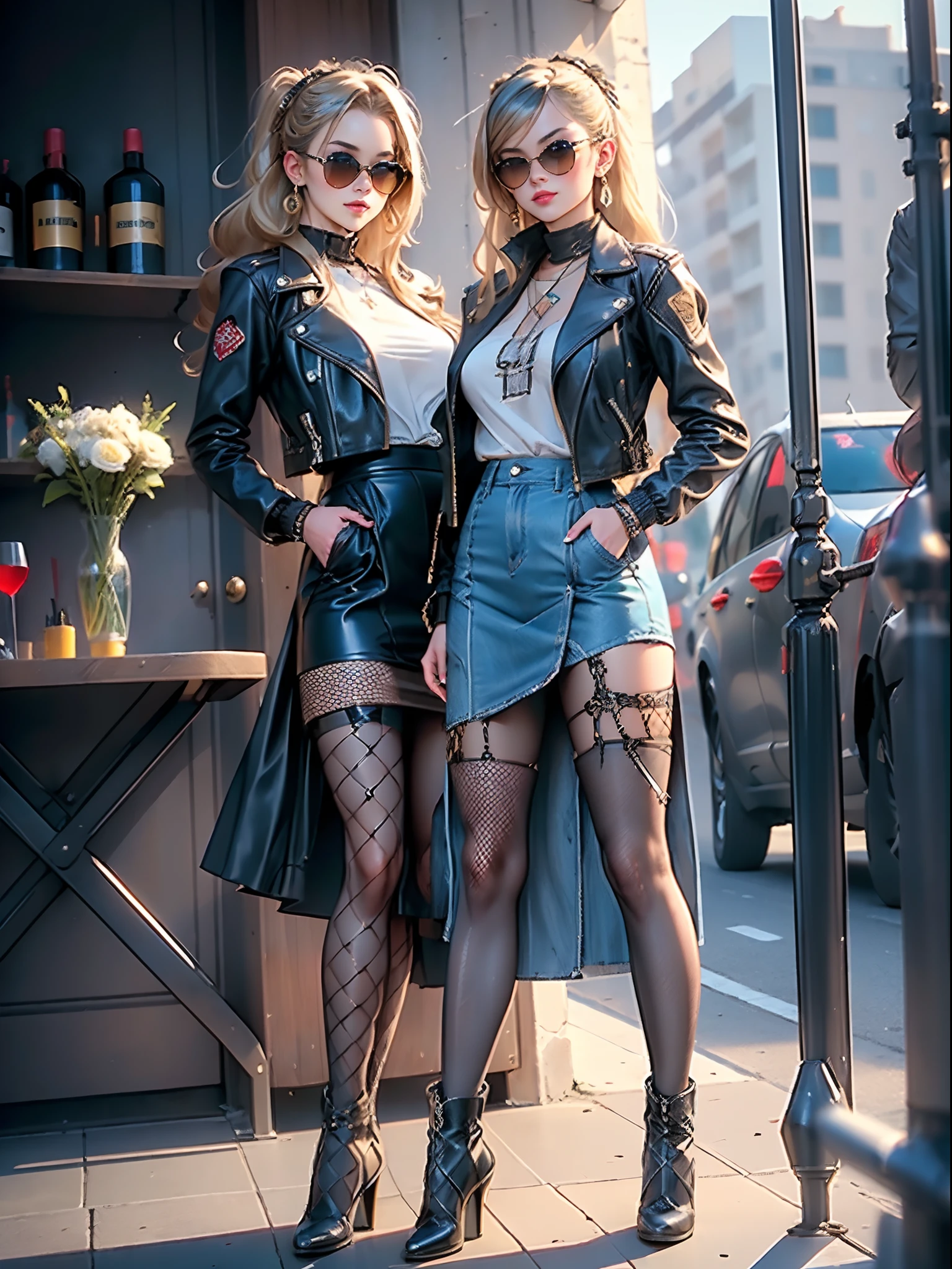 ((Masterpiece, best quality,edgQuality)), smug,smirk, edgADC_fashion, skirt, blonde hair, standing, jacket, full body, pantyhose, boots, blue skirt, sunglasses, fishnets, pencil skirt, hands in pockets, fishnet pantyhose, leather, leather jacket, fashion, denim skirt ,wearing edgADC