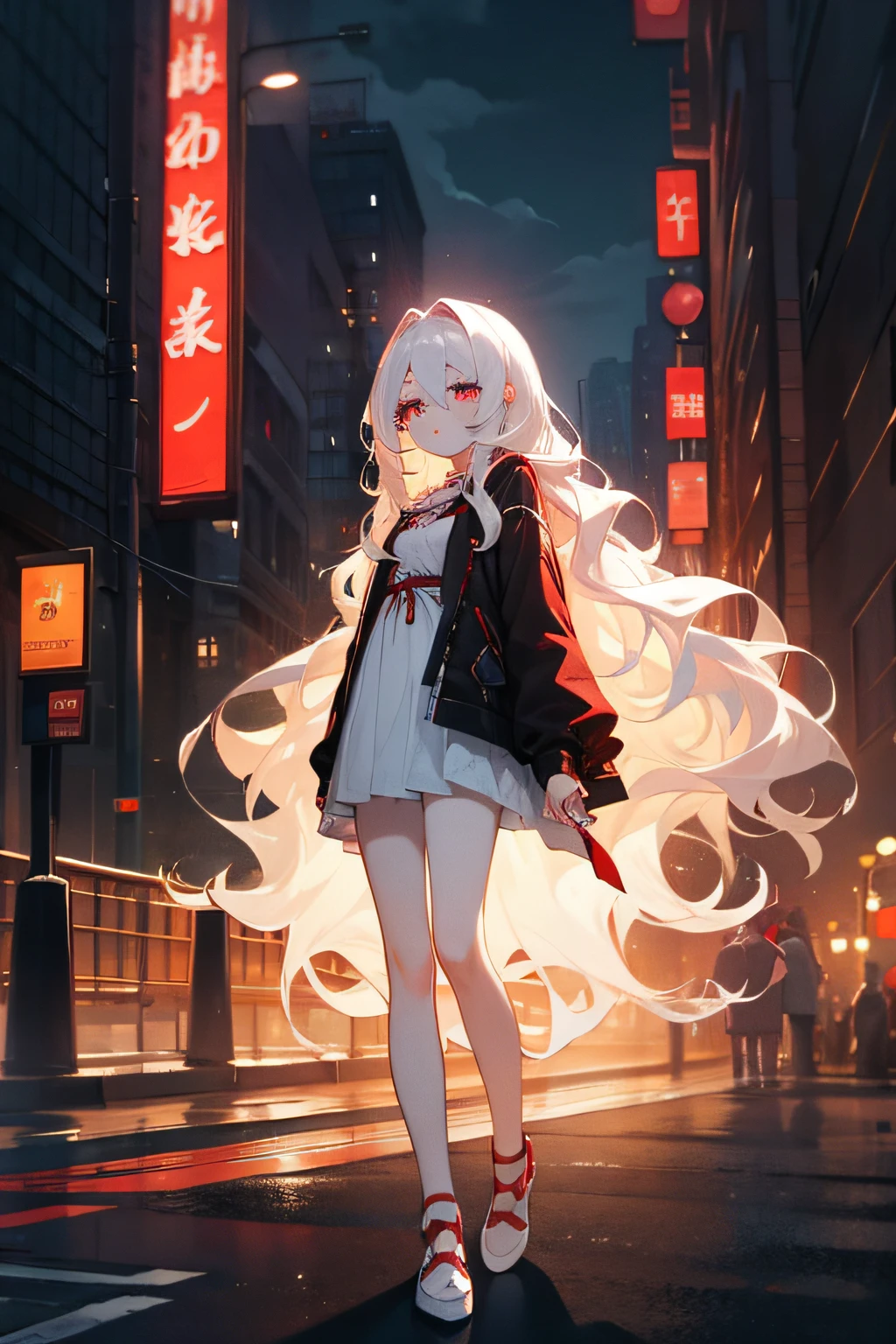 best quality, masterpiece, solo, female, human, white hair, long hair, wavy hair, crimson eyes, pale skin, cute, casual cute clothing, outside, night, full body, in the city, pouting