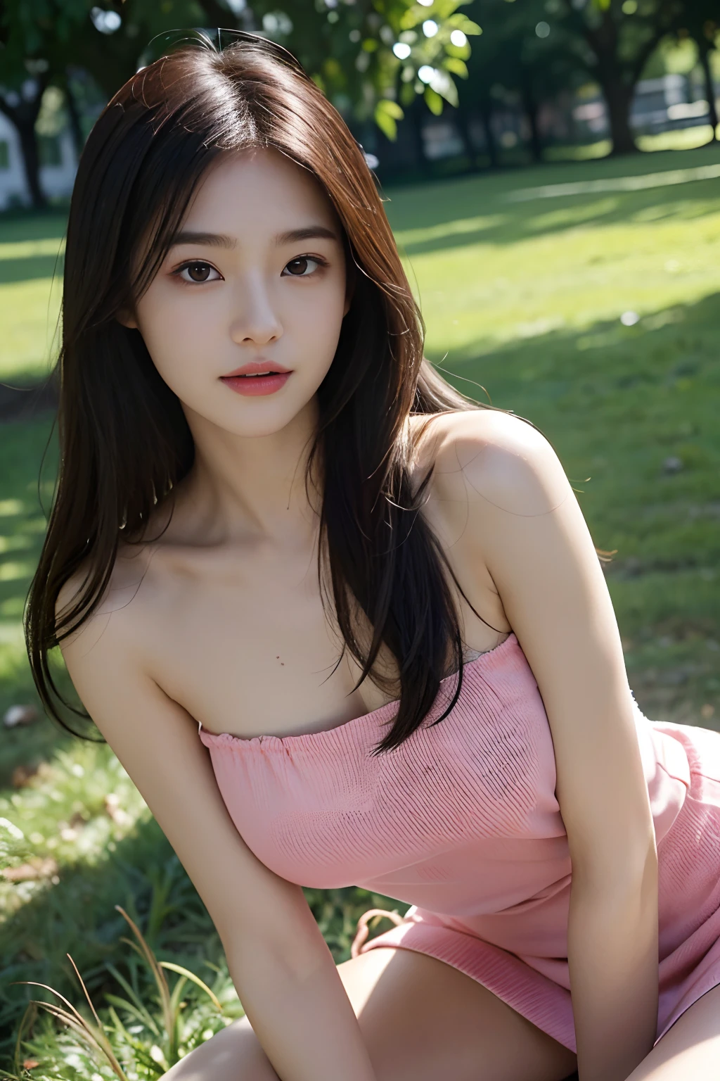 best qualtiy，tmasterpiece，超高分辨率，（真实感：1.4），RAW photogr，1girll，long whitr hair，Face Highlighting，Pure，Girly，Flushing，18yr old，18-year-old smiling female classmate，Pure，Innocent，（best qualtiy，8K，tmasterpiece:1.3），Goose egg face，largeeyes，long eyelasher，Exquisite（live-action realistic style），Star-like eyes，Ultimate face，Photorealistic light and shadow，Clear facial features，Milky white skin，Fair skin， highdetailskin， Realistic skin details， Visible Pore，（Super detail），（perfect bodies：1.1），long whitr hair，（dynamicposes），((Dynamic background((volumettic light：1.3))，huge tit，Sit on grass，Pink dress，Shoulderless，school ground，Old building，Tall plane tree
