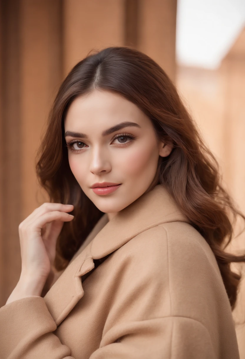 (best quality,ultra-detailed,realistic:1.37),woman in a camel coat,beautiful standing position, detailed facial features,long eyelashes, stylish appearance, confident expression, flowing hair, intricate and luxurious makeup, high-quality material texture, soft and warm wool, glossy fabric, elegant silhouette, tailored design, fitted cut, luxurious accessories, classic and timeless fashion, natural lighting, warm color palette, intricate background