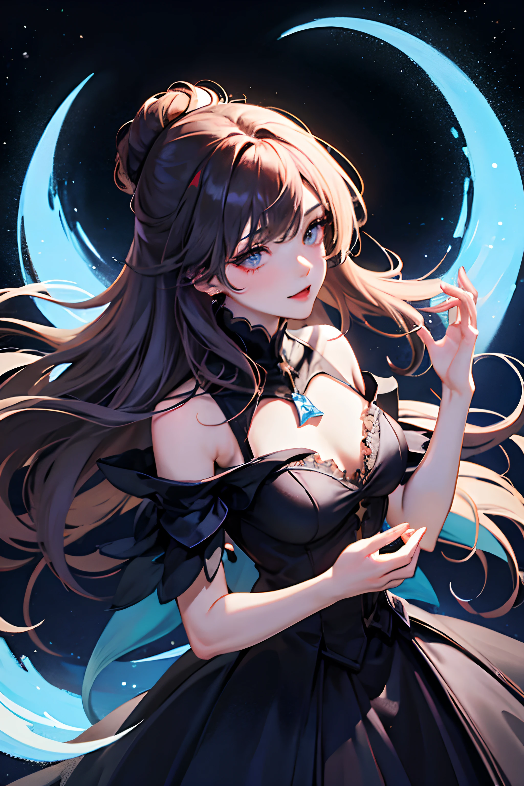 A woman with a heart in her hand is standing in the snow, Night!, wearing a dress made of stars, silhuette!!!, silhuette :7, Starred, Dark and stars on background, detailed silhouette, stylized silhouette, during night, silhoutte, glinting, silhuette, Dreamy night, anime girl wearing a black dress, magical dress, fairy tale style background、Castles