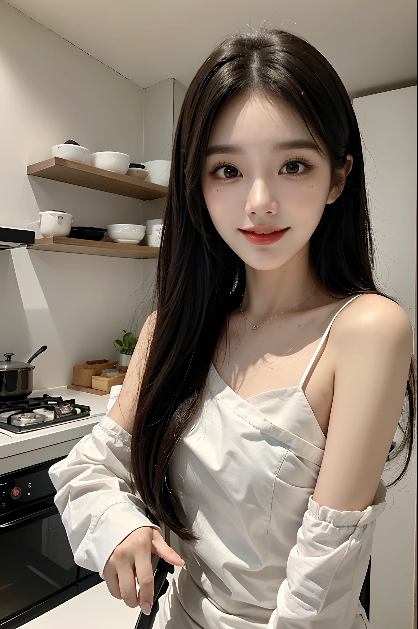 masterpiece、top-quality)、1 pretty girl、Slim body、((Cute black and white plain clothes:1.1))、(Detailed beautiful eyes)、In the kitchen of a rich man's house、Face similar to Chaewon in Le Selefim、((Boyish Brown Medium Hair))、((Smaller face))、((Neutral face))、((Light brown eyes))、((Korean Girl))、((18year old))、((Cute Woman))、((A shy smile on his face))、((Korean Makeup))、((elongated and sharp eyes))、((Happy dating))、((boyish))、((Cooking with a kitchen knife))、((shot from front))