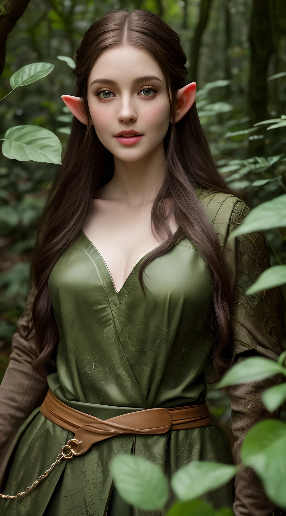 Foto RAW, realistic female elf, beautiful eyes, charming beauty, full body Closeup, magical forest background, into the woods, dense forest, (pele altamente detalhada: 1.2), 8k UHD, DSLR, soft-lighting, alta qualidade, grain of film, Fujifilm XT3