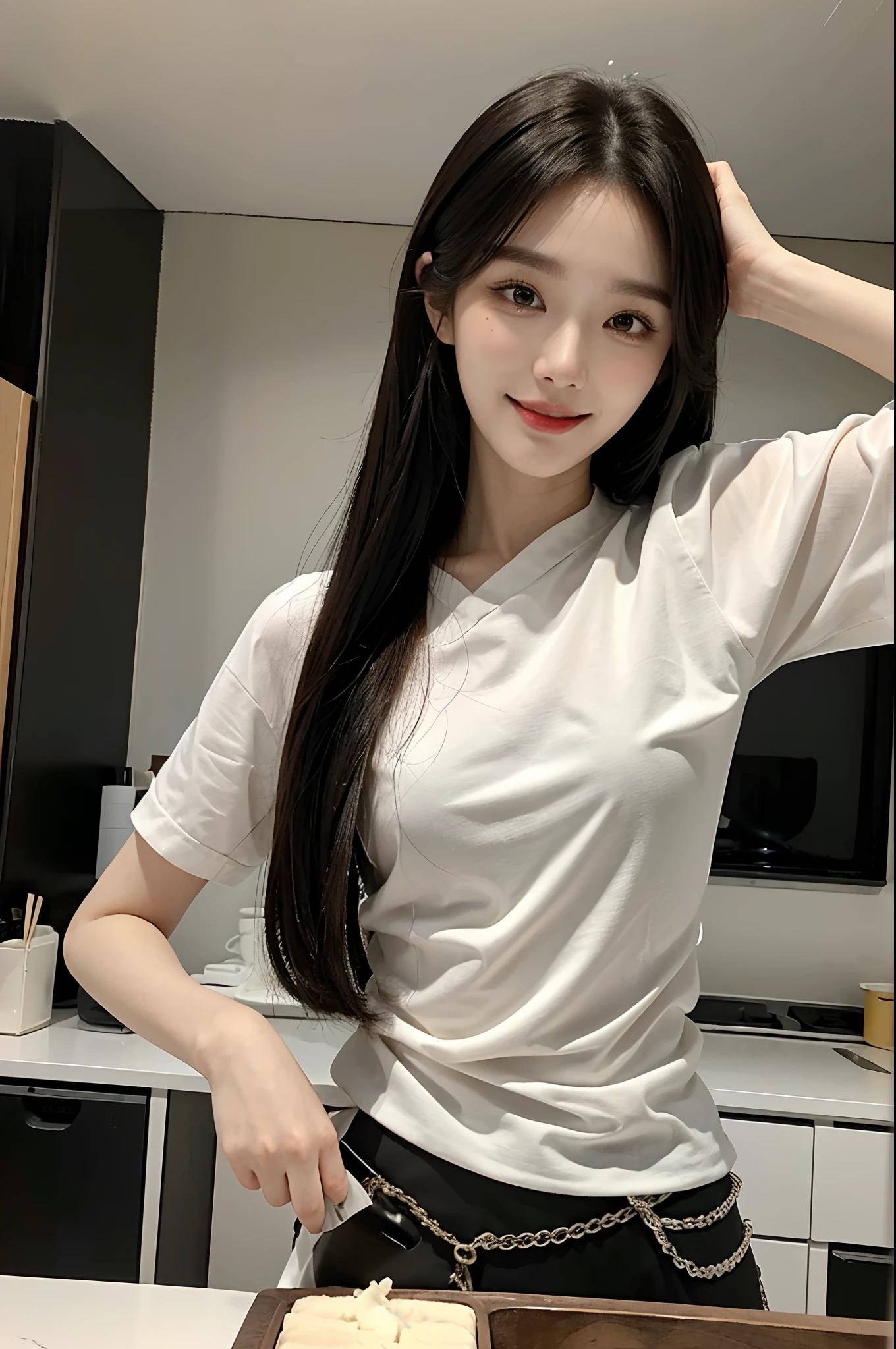 masterpiece、top-quality)、1 pretty girl、Slim body、((Cute black and white plain clothes:1.1))、(Detailed beautiful eyes)、In the kitchen of a rich man's house、Face similar to Chaewon in Le Selefim、((Boyish Brown Medium Hair))、((Smaller face))、((Neutral face))、((Light brown eyes))、((Korean Girl))、((18year old))、((Cute Woman))、((A shy smile on his face))、((Korean Makeup))、((elongated and sharp eyes))、((Happy dating))、((boyish))、((Cooking with a kitchen knife))、((shot from front))