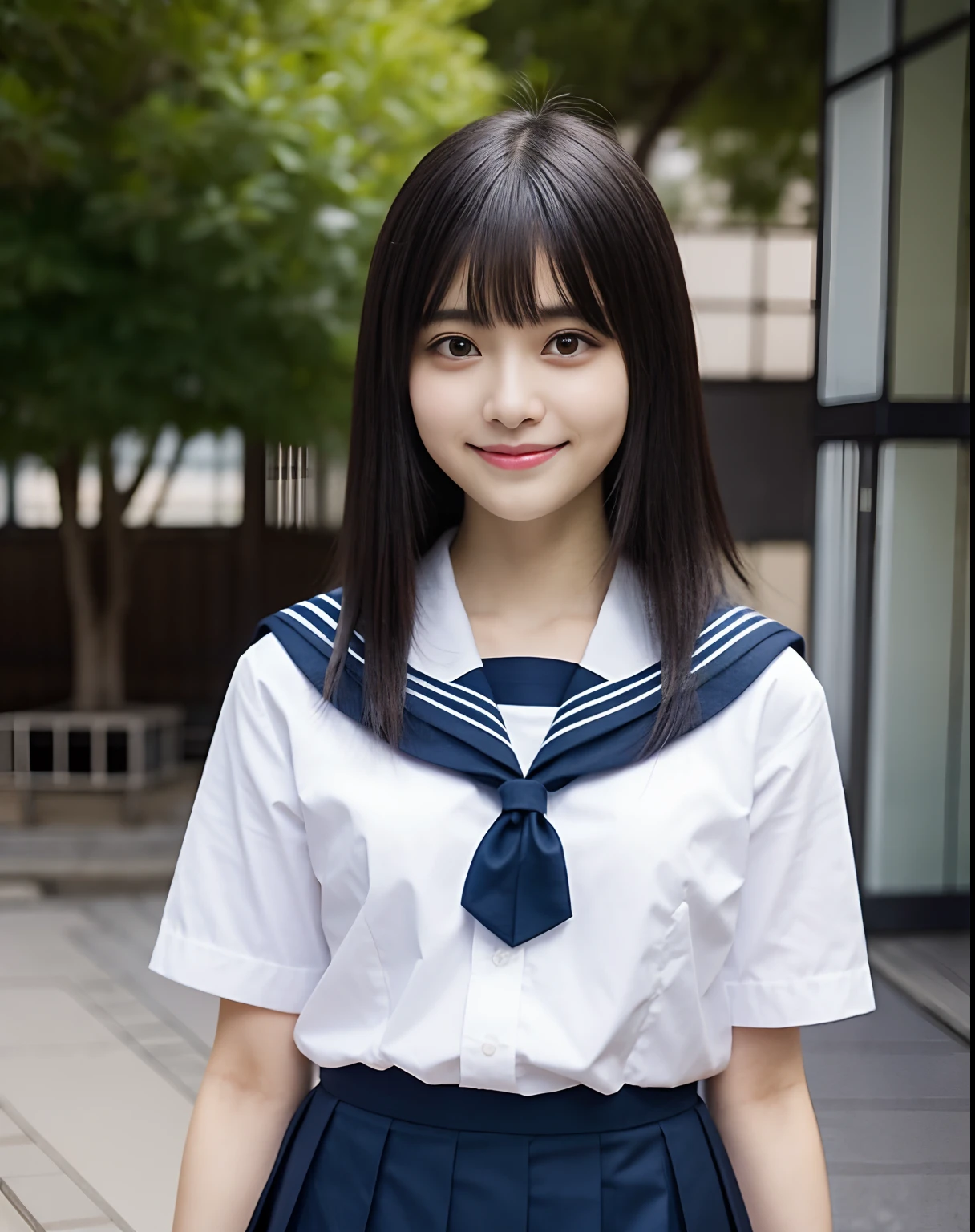 zydG, 1girl in, More skin, Look at viewers, Brown-eyed, (Black hair straight hair with bangs), cparted lips, tusk, A smile, (Face Focus:1.4), write,
(Photorealsitic:1.4), (Top image quality:1.0), (超A high resolution:1.0), 8K, Raw photography, (masterpiece:0.2), (Japan schoolgirl traditional school uniform、White short sleeve sailor uniform:1.5), (Navy blue pleated skirt:1.2), portlate,
( student)、 (Beautiful figure:1.2)、((beautiful countenance、Beautiful figure:1.2))、(hyper pretty face:1.5), (drooing eyes:1.2), Black hair straight, Nogizaka46、AKB48、Wolf cut hair、Middle hair、