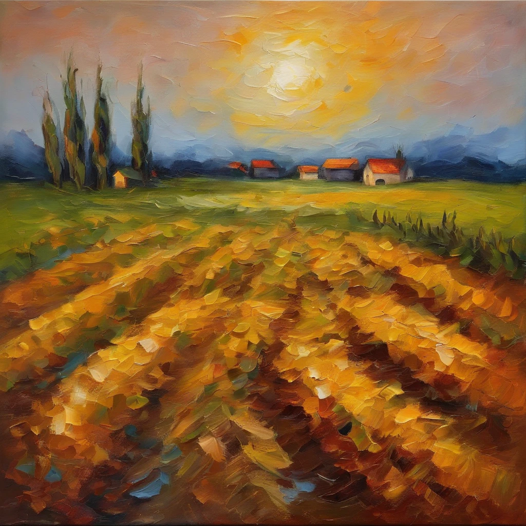 shovel with ribbon on the handle stuck in ground (background: corn fields, dawn sky) oil painting, canvas texture