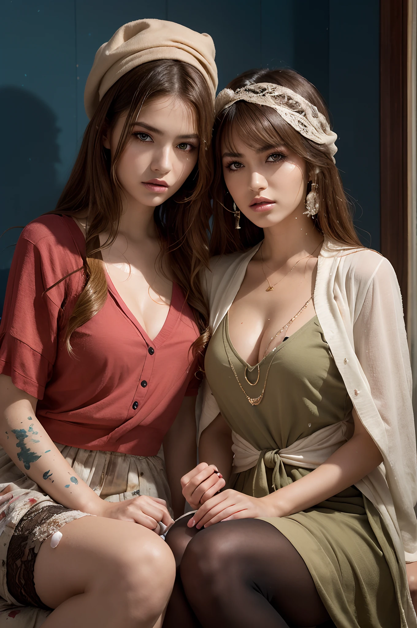 shukezouma, rendering by octane, hdr, (ultra - detailed:1.15), (Soft light, Sharp:1.2), (((Two girls,duo))),Beautiful girl, hyper detail eyes, mature, Painting drops, paint teardrops, woman made up from paint, entirely paint, splat, Splash, Long colored hair,paint bulb, Sexy, paint drops, Indoors, Exposed shoulders, Tears, Sexy, shoulders are visible, Thighs exposed, seminude, focus onface, Beautiful face, eye shadows, Dark circle contour, mascara, Beautiful, 18yr old