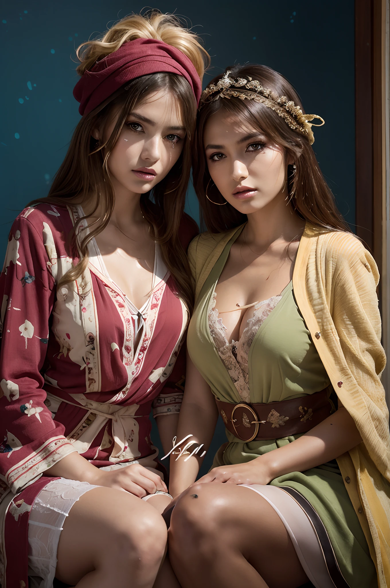 shukezouma, rendering by octane, hdr, (ultra - detailed:1.15), (Soft light, Sharp:1.2), (((Two girls,duo))),Beautiful girl, hyper detail eyes, mature, Painting drops, paint teardrops, woman made up from paint, entirely paint, splat, Splash, Long colored hair,paint bulb, Sexy, paint drops, Indoors, Exposed shoulders, Tears, Sexy, shoulders are visible, Thighs exposed, seminude, focus onface, Beautiful face, eye shadows, Dark circle contour, mascara, Beautiful, 18yr old