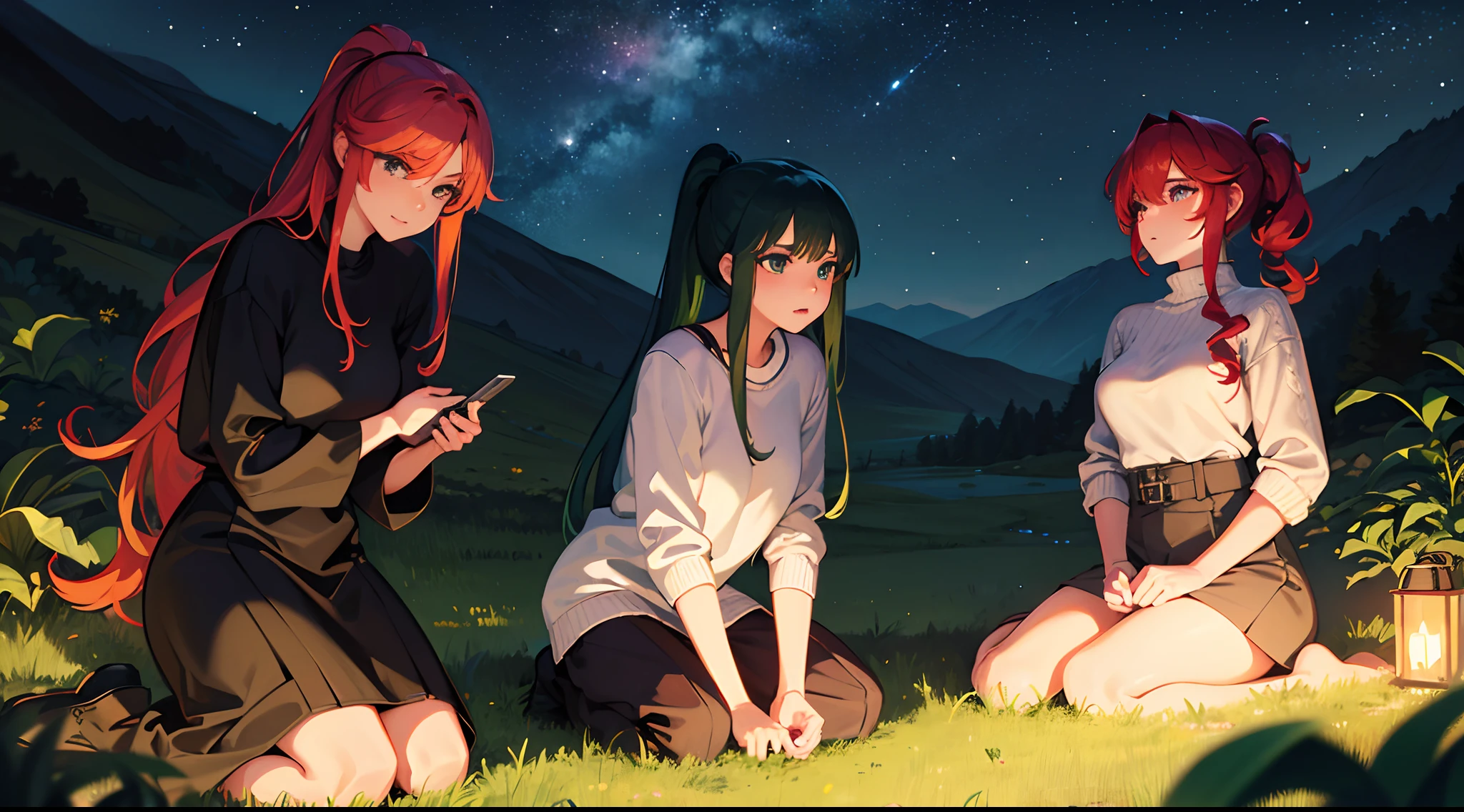 masterpiece, lots of detail, 4k, 8k, ((ultra-detailed)), highres, soft lighting, 2girls, sweater, grass, stargazing, night sky, {red hair|green hair|black hair|blue hair}, {ponytail|short hair|long hair|curly hair}