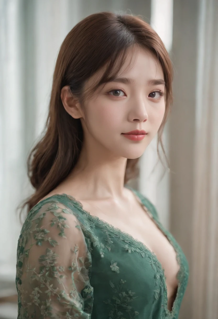 top-quality, Photorealsitic, masterpiece, 8K, Hi-Res, 独奏, 1girl in, (((infp young woman))),sixteen years old、full body Esbian、(small tits), ((Look at viewers)), (look at a camera), ((Different hairstyles close to long))、Perfect straight black hair、(((With bangs)))、 (profetional lighting), Highly detailed bright face、Gentle Japan girl、Lovely smile、Small cleavage、With lace、Green dress(long-sleeve)、Standing in the room