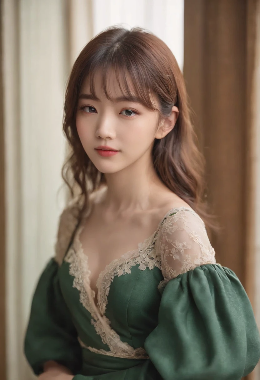 top-quality, Photorealsitic, ​masterpiece, 8K, Hi-Res, 独奏, 1girl in, (((infp young woman))),sixteen years old、full body Esbian、(small tits), ((Look at viewers)), (look at a camera), ((Different hairstyles close to long)）、Perfect straight black hair、(((With bangs)))、 (profetional lighting), Highly detailed bright face、Gentle Japan girl、Lovely smile、Small cleavage、With lace、Green dress（long-sleeve）、Standing in the room