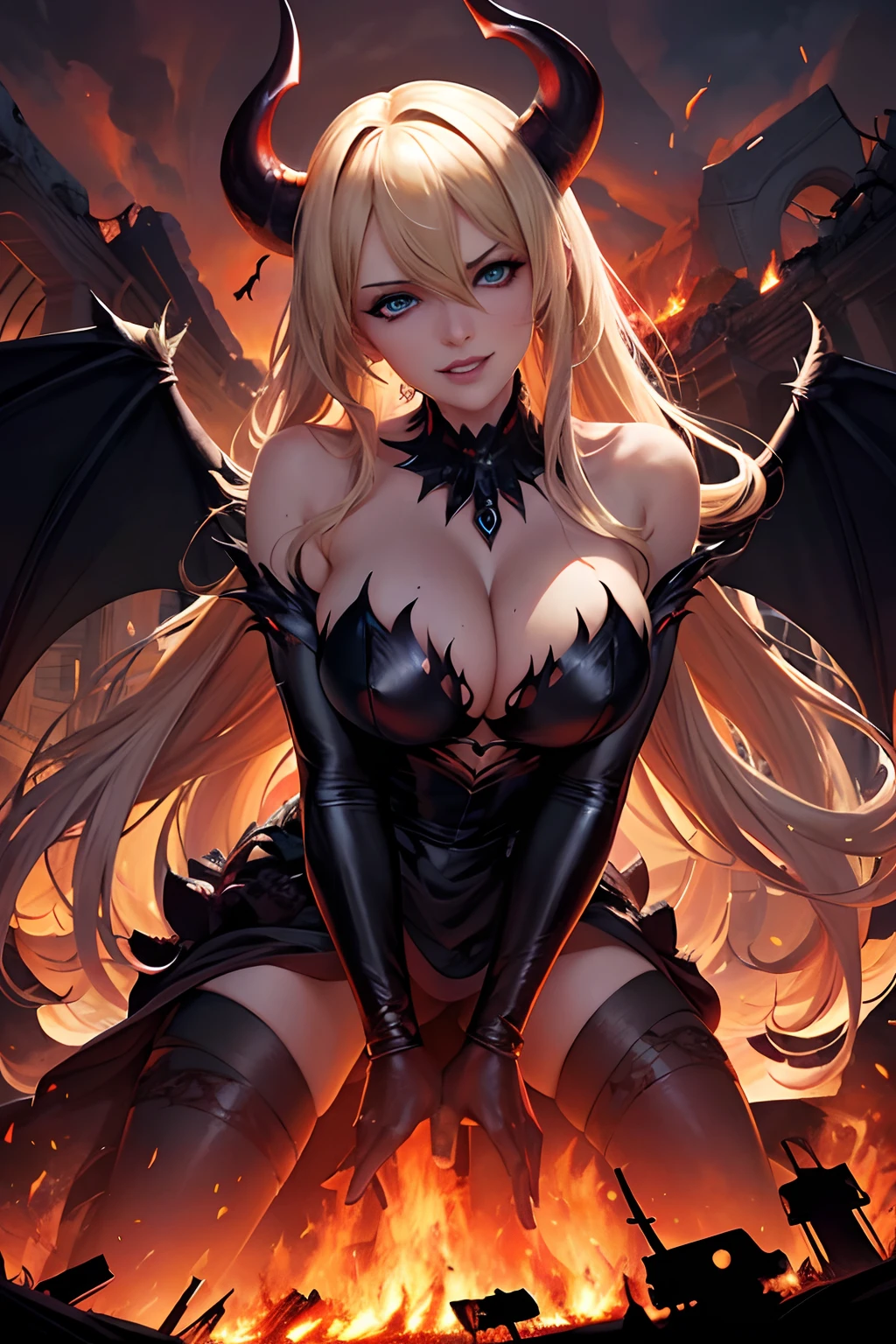 Ultra-detailed Stormy Daniels stands atop a pile of burning ruins, Her diabolical and insidious presence radiating from her dark crown and black and red evil queen dress....................................... Her demon wings on her back and demon horn give her an invincible aura as she unleashes a powerful wave of destruction with a single gesture............................................................................