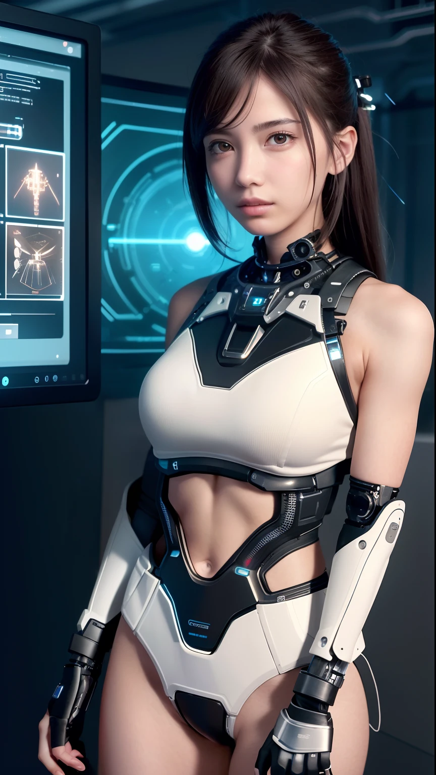 ​masterpiece、((Volleyball Uniforms))、 ((a beauty girl:1.4))、Metal Chest Protector、((Metal bikini))、Mechanized body、Mechanized chest and abdomen、Mechanized occipital、Mechanized legs、Mechanical joints、Black metallic suit tight to the body、is standing、Tied up、Metal Robot、((Cyberpunk background))、(Neon light)、(Background of the machine shop of the future)、Cyberdyne、Artificial bodies、All-metal body、Ironwork、Abdominal mechanism、((Robotic Arms and Hands))、((Robot legs))、((Cervical part of the machine))、Inside the spaceship、a beauty girl、、Asian Beauty, (Abdomen exposes actuators and cables)、From the neck down is the body of a metal robot、Complex 3d rendering beautiful porcelain profile super detailed female android face、cyborgs、roboticparts、150mm、beautiful studio soft light、Rim Lights、vibrant detail、luxuriouscyberpunk、Ren Hao、surrealistic、Anatomical、face muscles、cable electric wires、microchips、elegent、beatiful backgrounds、octan render、HR Giger Style、8K、top-quality、​masterpiece、illustratio、extremely delicate and beautiful、 extremely details CG、Unity、wall-paper、(realisitic、Photorealsitic:1.37)、astonishing、detaile、​masterpiece、best qualtiy、Official art、Highly detailed CG Unity 8k wallpaper、absurderes、incredibly absurdness、、机器人、Silver Halmet、full body Esbian、sitting on