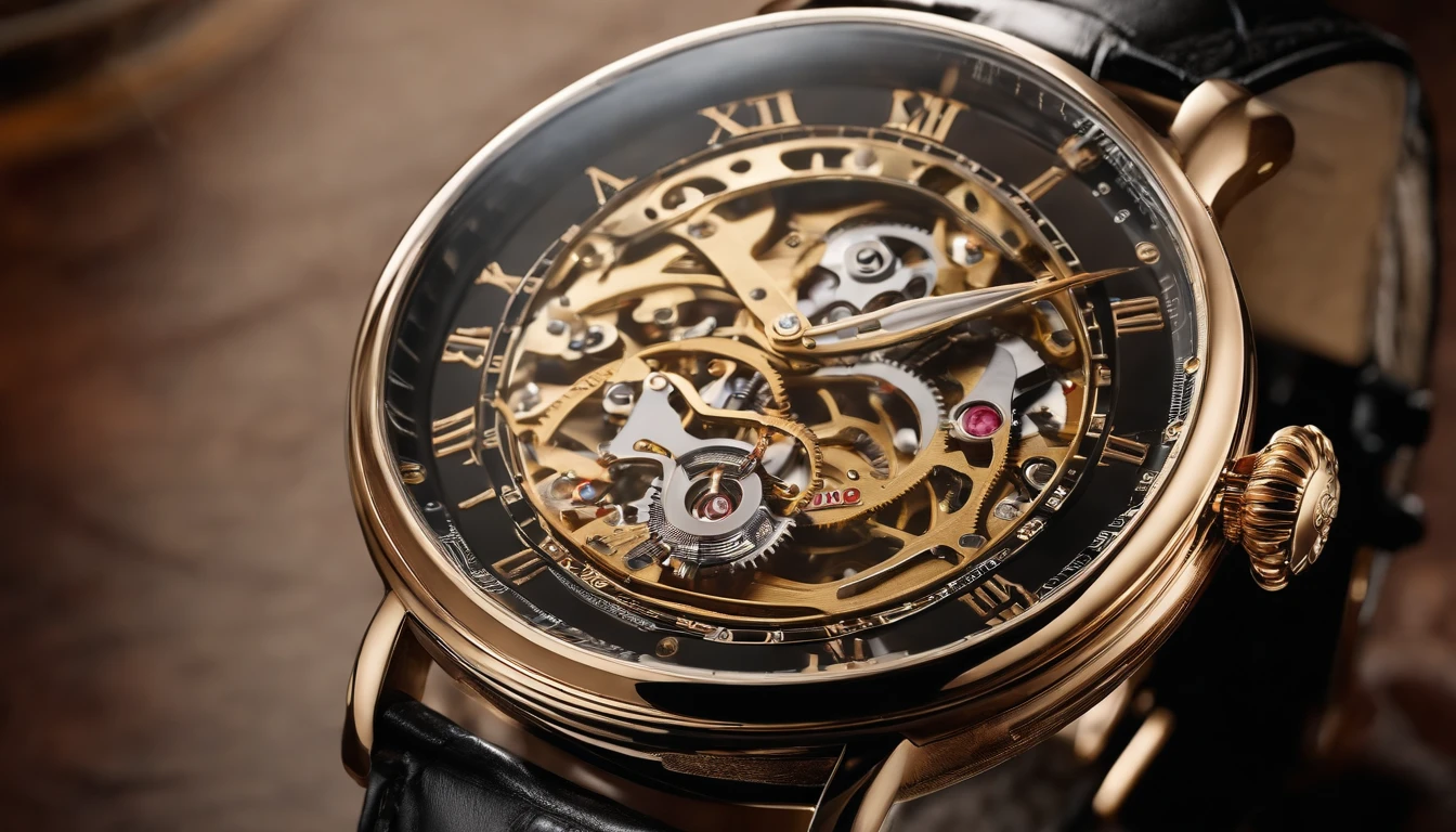 Mechanical watch advertising poster, Classic style, costume style, Classic white dial, Leather strap, on a glass stand, Reflection in glass, Realistic professional photography, 8k --ar 16:9