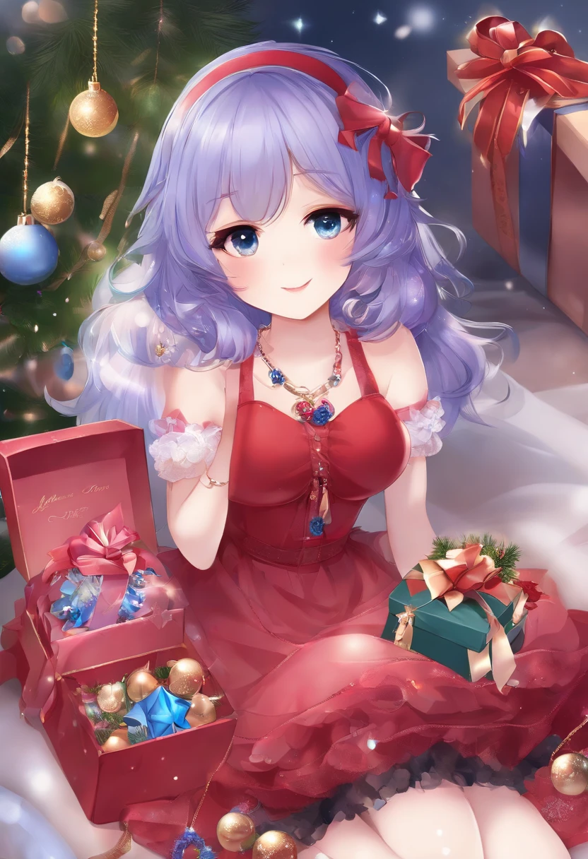 1girll, bangs, Blue hair, bow, box, Bracelet, Christmas, Christmas tree, Cowboy shot, dress, Earrings, fishing nets, flower, gift, Gift box, hair adornments, Hamel, jewelry, view the viewer, multicolored hair, necklace, Pantyhose, parted lip, Purple eyes, Red dress, ribbon, Rose, Short hair, Smile, Solo, upper legs