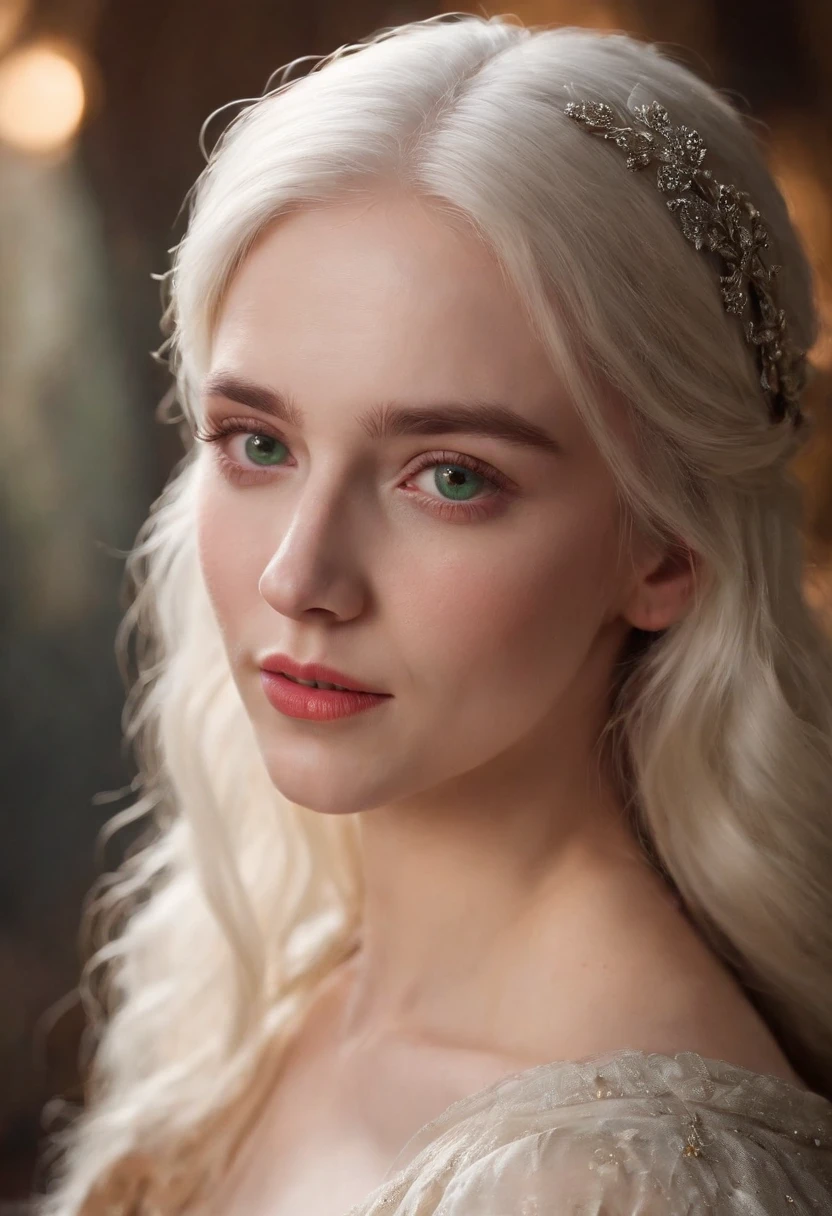 (((a deep reddish wound crosses her left cheek))) fair complexion, woman around 19 years old, natural white hair, distinctive green eyes, wearing kohl, slender and graceful, beautiful, candlelight in a medieval setting, ultra sharp focus, realistic shot, medieval female clothes, tetradic colors (scar:1.4), Ana de Armas