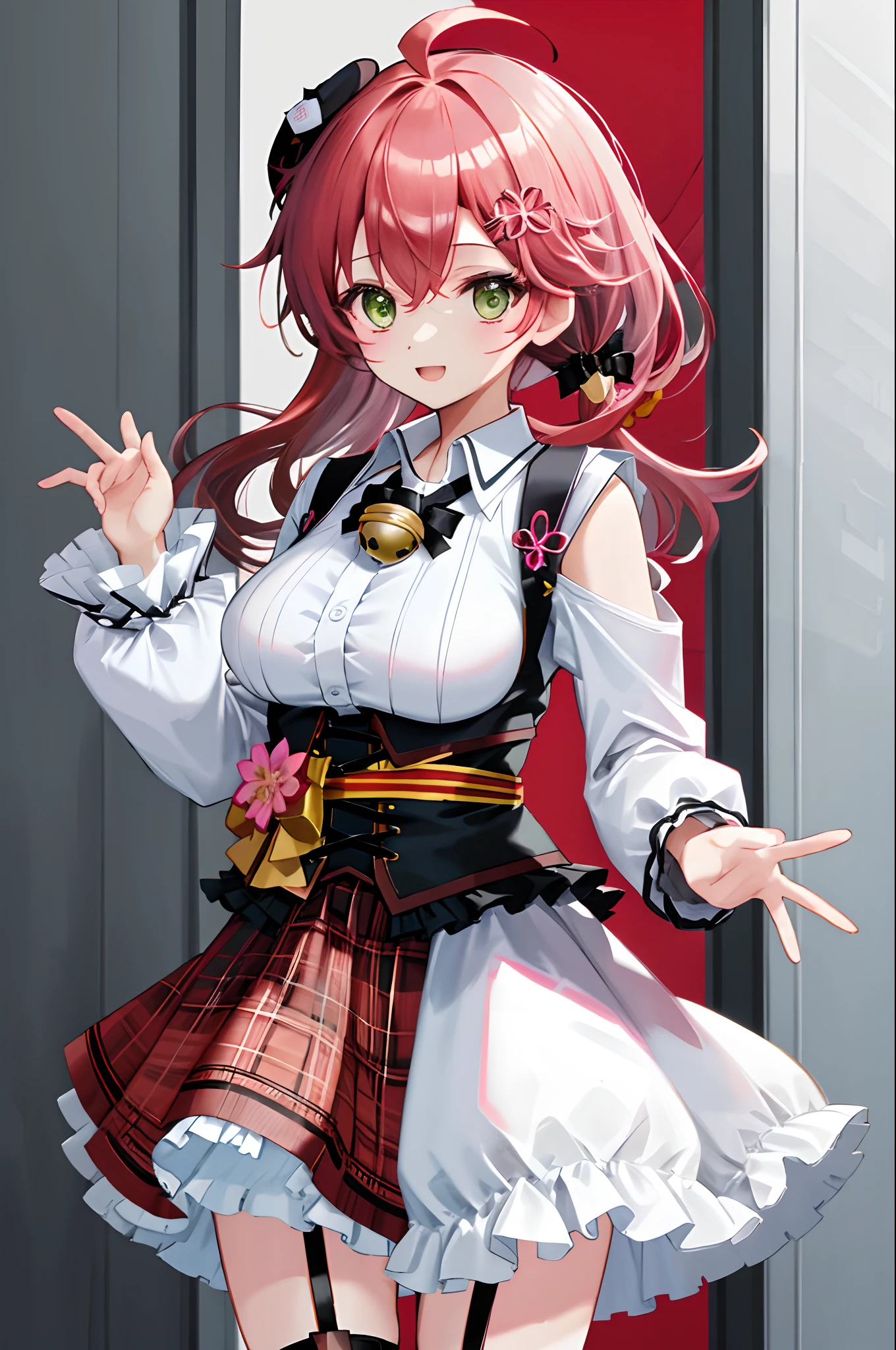 masutepiece, Best_Quality, hight_resolution, miko2,Ponytail, 1girl in, Green eyes, Ahoge, black headwear, Hair Ornament, White shirt, black thighhighs, Pink hair, Red short_skirt, plaid skirts, garter_strap, Collared shirt, hair clips, frilld, Bangs, hair between eye, frills skirt, beret, Pleated skirt, Hair Flower, Neck bell, , puffy long sleeves, Black bow, Underbust, Cowboy Shot,Smile, big_breasts,