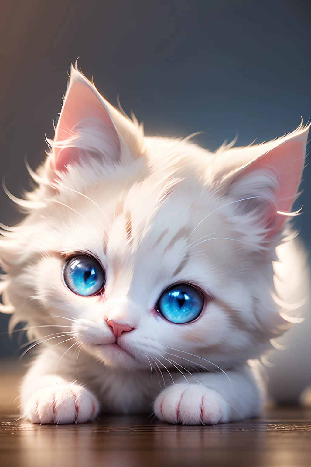 fluffy white kitten, anime eyes, adorable digital painting, cute detailed digital art, cute digital art, cute 3d render, cute detailed artwork, anime visual of a cute cat, beautiful and cute, cute cat, beautiful digital artwork, cute artwork, beautiful digital art, beautiful digital illustration, beautiful digital painting, 4k highly detailed digital art, radial graduated blue background.