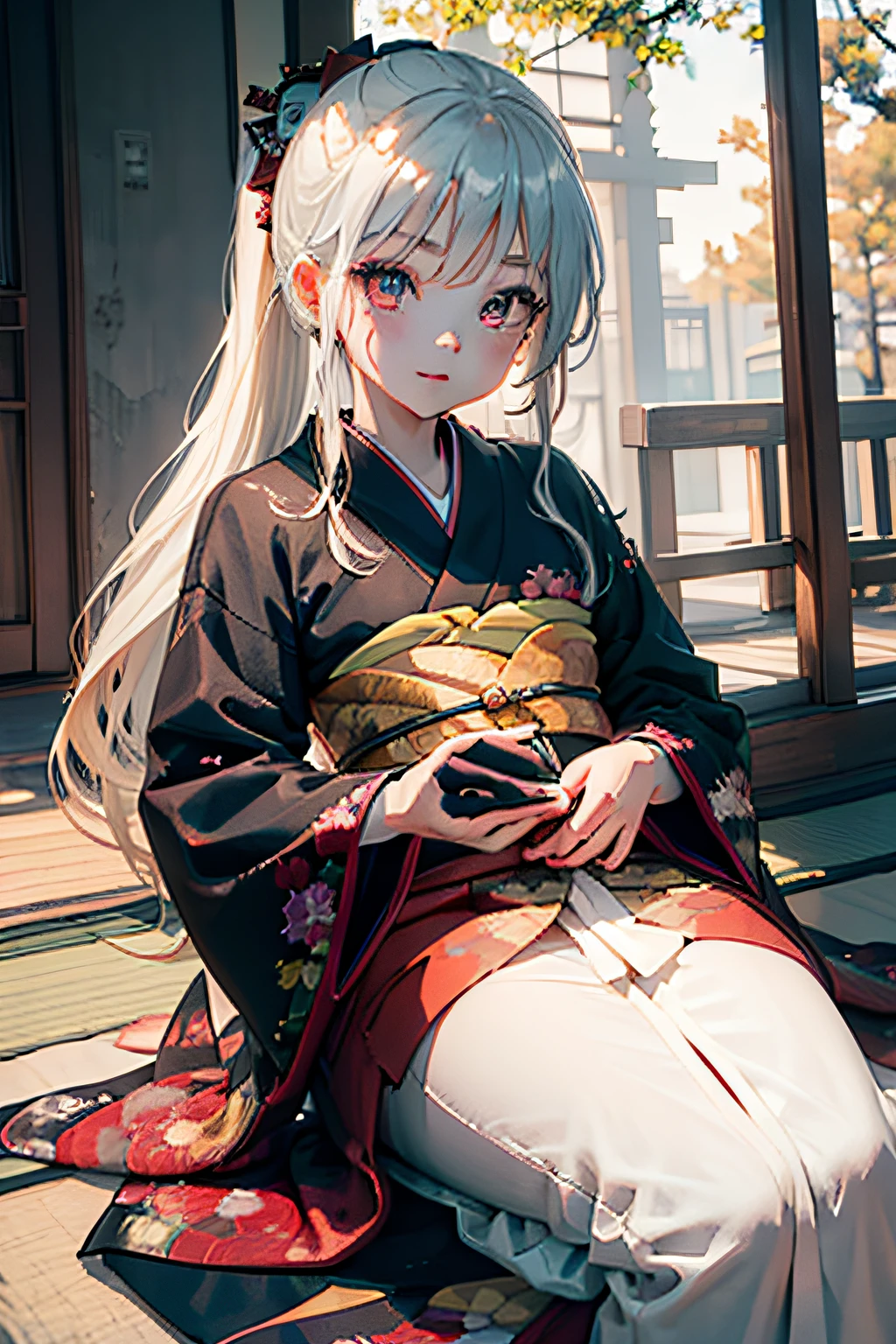 (masterpiece), best quality, expressive eyes, perfect face Beautiful Japanese woman cartoon, cartoon is cute anime, Beautiful Japanese kimono, There is a dragon embroidery on the kimono. kimono colour is black and red, Japanese woman is long hair, hair colour is Light green, hair style is ponytail, single eyelids, eye style is hooded and sultry and deep set and captivating and enigmatic, Facial expression is smile, situation is beautiful image.
