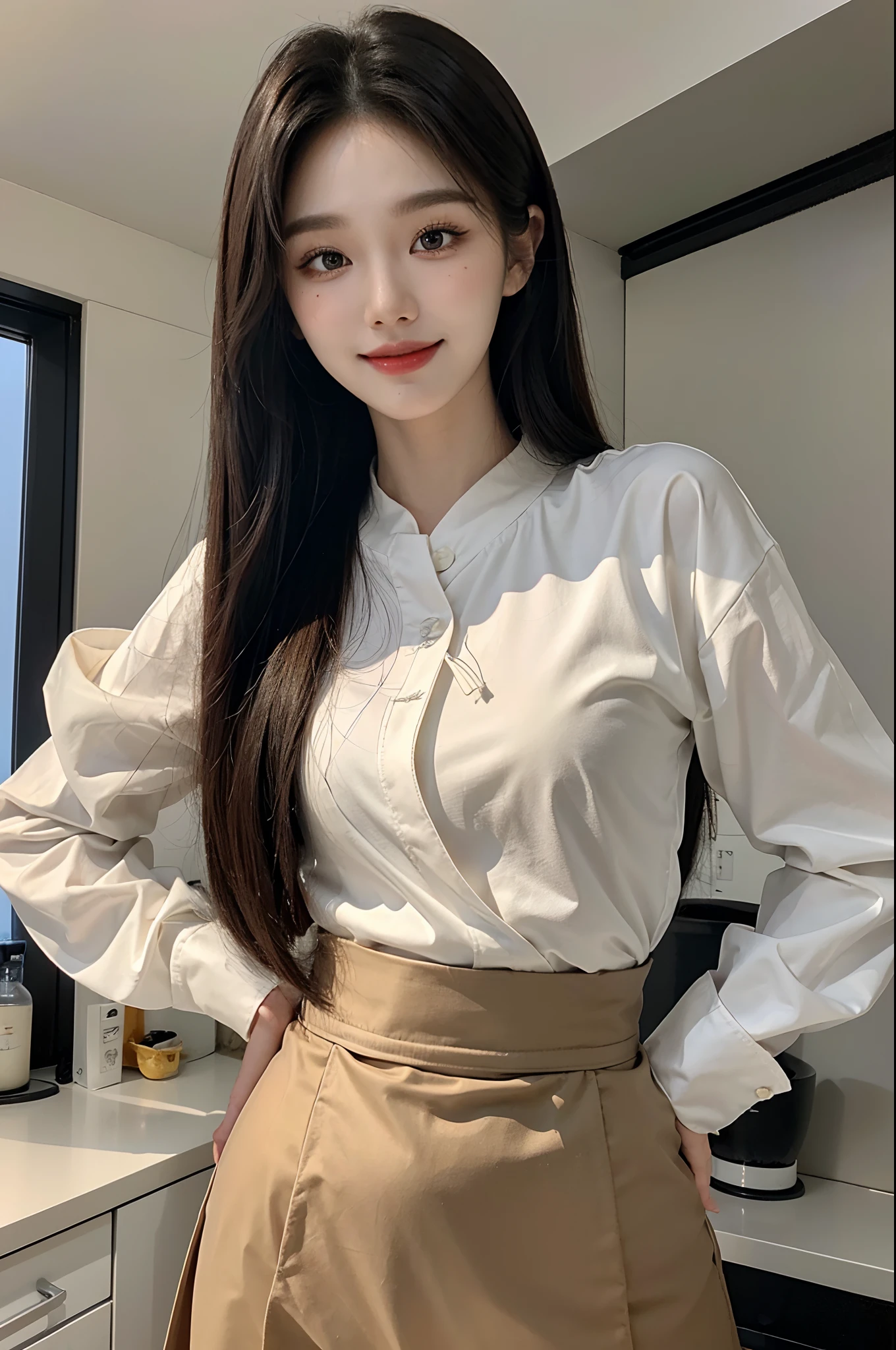 masterpiece、top-quality)、1 pretty girl、Slim body、((Cute black and white plain clothes:1.1))、(Detailed beautiful eyes)、In the kitchen of a rich man's house、Face similar to Chaewon in Le Selefim、((Boyish Brown Medium Hair))、((Smaller face))、((Neutral face))、((Light brown eyes))、((Korean Girl))、((18year old))、((Cute Woman))、((A shy smile on his face))、((Korean Makeup))、((elongated and sharp eyes))、((Happy dating))、((boyish))、((cook))、((shot from front))