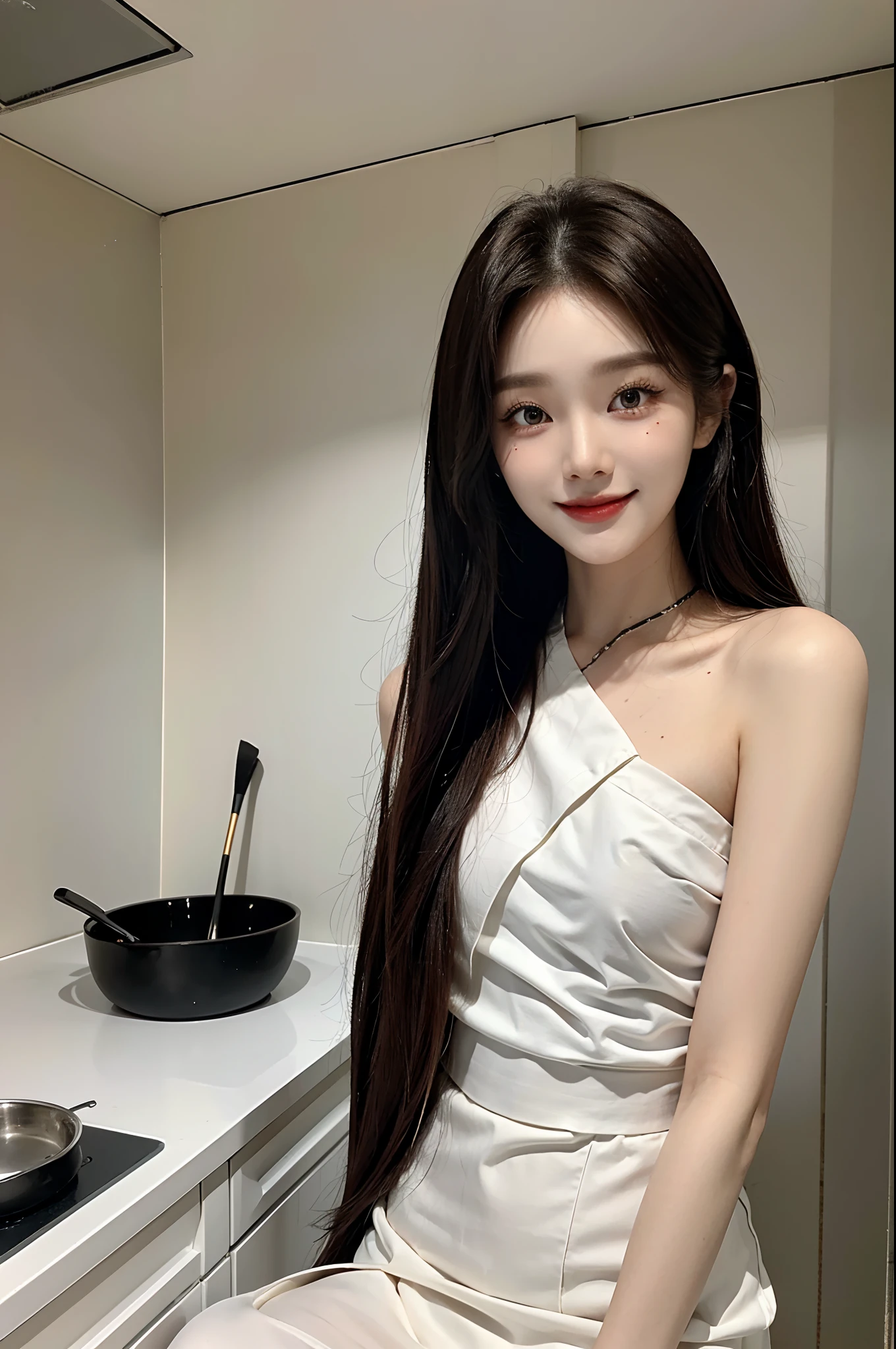 masterpiece、top-quality)、1 pretty girl、Slim body、((Cute black and white plain clothes:1.1))、(Detailed beautiful eyes)、In the kitchen of a rich man's house、Face similar to Chaewon in Le Selefim、((Boyish Brown Medium Hair))、((Smaller face))、((Neutral face))、((Light brown eyes))、((Korean Girl))、((18year old))、((Cute Woman))、((A shy smile on his face))、((Korean Makeup))、((elongated and sharp eyes))、((Happy dating))、((boyish))、((cook))、((shot from front))