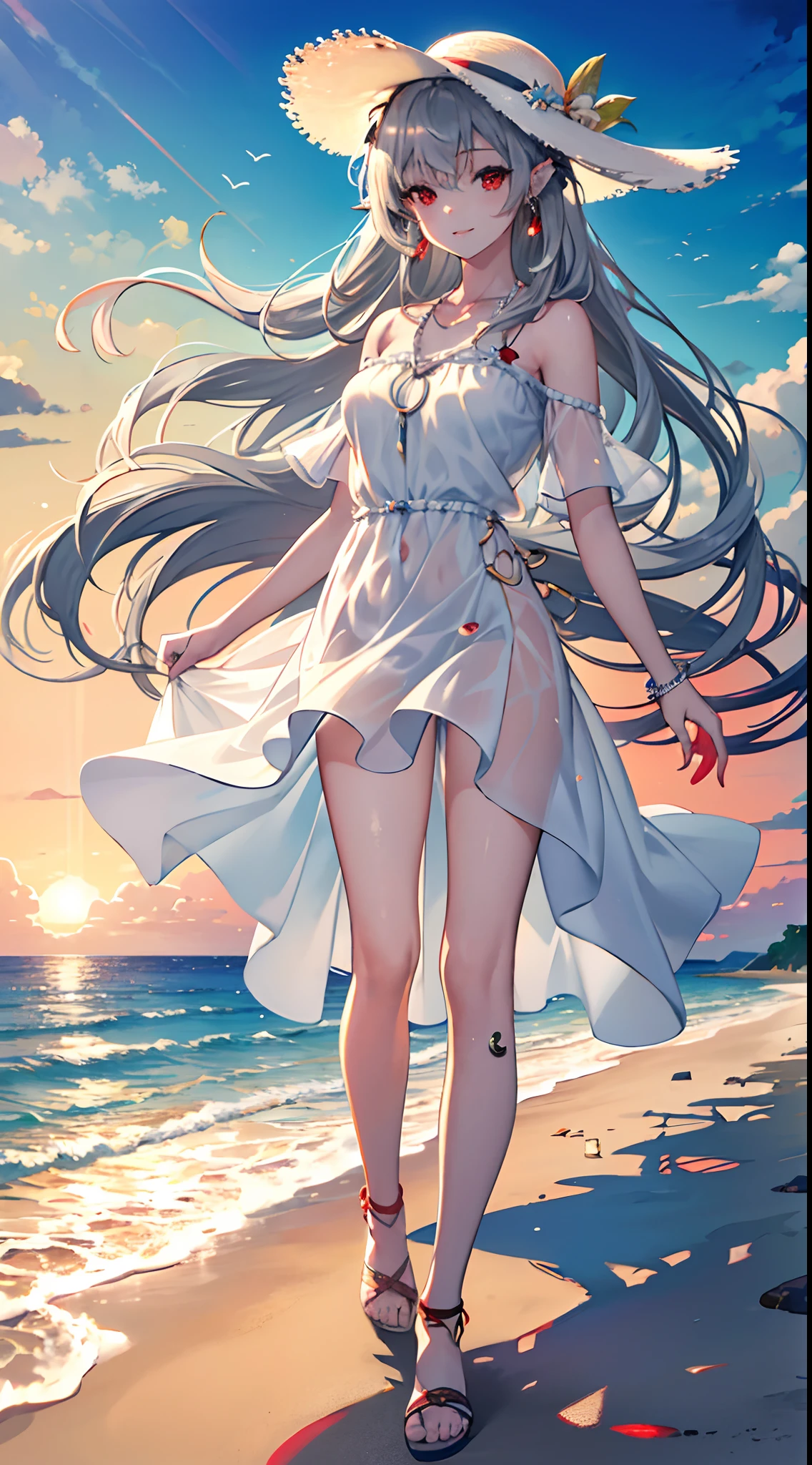 (best quality,4k,8k,highres,masterpiece:1.2),ultra-detailedmasterpiece,(bestquality),highlydetailed,ultra-detailed, cold , solo , 1girl , bishoujo , stare , (red eyes:1.5) , (beautiful detailed eyes:1.2) , (long hair:1.2) , (white hair:0.8) , (silver hair:0.5) , (Wing-like bangs:0.5) , (Dull hair:1.5) , (ahoge:0.5) , (Hair rings:1.5) , (Half tied hair:1.5),(realistic,photorealistic,photo-realistic:1.37),beach scene,sunny day,girl in a white dress,beautiful detailed eyes,beautiful detailed lips,soft sandy beach,surrounded by clear turquoise water,gentle sea breeze,crystal clear blue sky,far away hills,green palm trees swaying in the wind,colorful beach umbrella and loungers,seashells scattered on the sand,glistening ocean waves,sparkling sunlight reflecting on the water,peaceful atmosphere,relaxing and calm,seagulls flying in the distance,endless horizon,serene and tranquil,ocean view,clear view of the horizon,line of seashells leading towards the water,gentle waves lapping on the shore,carefree and joyful expression,relaxed posture,hat casting a shadow on her face,comfortable flip-flops,distant sailboats on the horizon,puffy white clouds in the sky,soft golden sand between her toes,sun-kissed skin,beaming smile,sun hat,fringed beach bag,sparkling seafoam,deep sense of serenity and freedom,vacation vibes,paradise escape,blissful getaway,happy summer memories,artistic rendering of the beach,sunset colors,soft pastel tones,ethereal and dreamlike,golden hour lighting,beach paradise painting,lush tropical scenery,white dress flowing in the wind,understated elegance,seaside exploration,seaglass treasures,delicate seashell necklace,picture-perfect moment.
