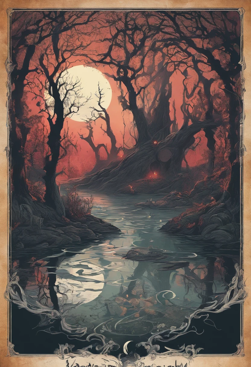 In a horrible fairy-tale swamp under the moonlight, a demon negotiates with a traveller, (best quality,4k,8k,highres,masterpiece:1.2),ultra-detailed,(realistic, photorealistic,photo-realistic:1.37), dark fantasy, haunting atmosphere, mystical fog, twisted tree roots, eerie glowing mushrooms, murky green water, moss-covered rocks, ripples on the surface, subtle moonlight reflections, the sinister silhouette of the demon, sharp and menacing features, glowing red eyes, ghostly pale skin, intricate tattoos, malevolent smirk, tall and elegant traveller, worn-out clothes, determined expression, flickering torch held high, mystical artefacts, ancient parchment with cryptic symbols, eerie whispers, heavy air filled with tension, dim candlelight, misty ethereal figures lurking in the background, haunting shadows cast by moonlight, suspenseful ambience.