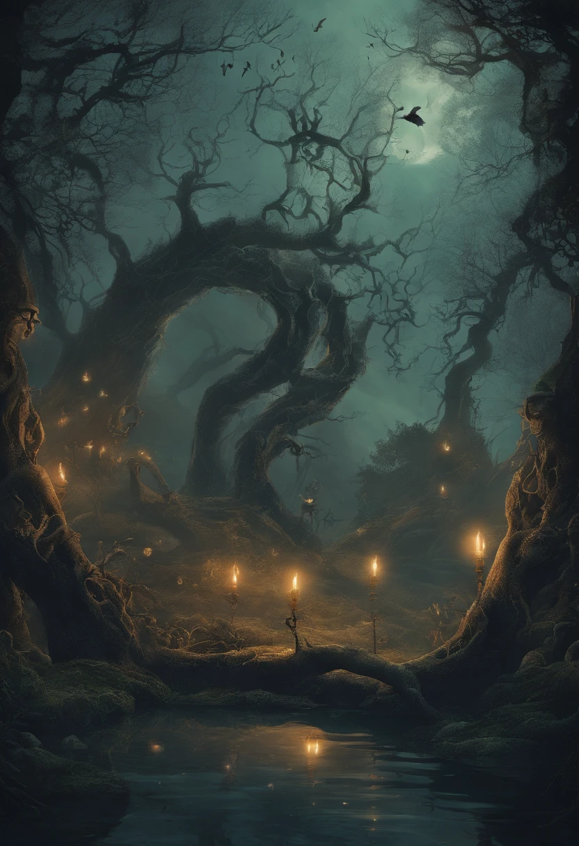 In a horrible fairy-tale swamp under the moonlight, a demon negotiates with a traveller, (best quality,4k,8k,highres,masterpiece:1.2),ultra-detailed,(realistic, photorealistic,photo-realistic:1.37), dark fantasy, haunting atmosphere, mystical fog, twisted tree roots, eerie glowing mushrooms, murky green water, moss-covered rocks, ripples on the surface, subtle moonlight reflections, the sinister silhouette of the demon, sharp and menacing features, glowing red eyes, ghostly pale skin, intricate tattoos, malevolent smirk, tall and elegant traveller, worn-out clothes, determined expression, flickering torch held high, mystical artefacts, ancient parchment with cryptic symbols, eerie whispers, heavy air filled with tension, dim candlelight, misty ethereal figures lurking in the background, haunting shadows cast by moonlight, suspenseful ambience.