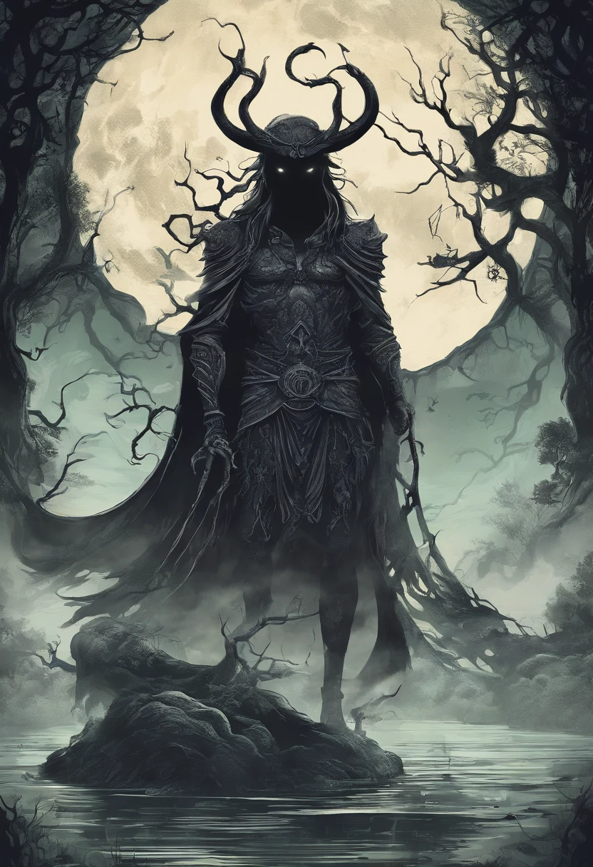 In a horrible fairy-tale swamp under the moonlight, a demon negotiates with a traveller, (best quality,4k,8k,highres,masterpiece:1.2),ultra-detailed,(realistic, photorealistic,photo-realistic:1.37), dark fantasy, haunting atmosphere, mystical fog, twisted tree roots, eerie glowing mushrooms, murky green water, moss-covered rocks, ripples on the surface, subtle moonlight reflections, the sinister silhouette of the demon, sharp and menacing features, glowing red eyes, ghostly pale skin, intricate tattoos, malevolent smirk, tall and elegant traveller, worn-out clothes, determined expression, flickering torch held high, mystical artefacts, ancient parchment with cryptic symbols, eerie whispers, heavy air filled with tension, dim candlelight, misty ethereal figures lurking in the background, haunting shadows cast by moonlight, suspenseful ambience.