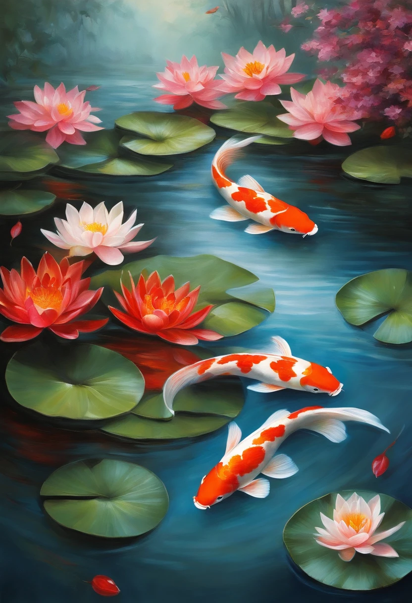 In the serene and vibrant world of art, I envision a captivating scene inspired by the theme "Koi yin yang eau fleurs". The focal point of the painting is a tranquil garden pond, where the mesmerizing dance of yin and yang koi fish unfolds.
The main subject of the artwork is beautifully illustrated yin and yang koi fish, gracefully swimming in the clear, crystal-like water. Their vibrant colors, a harmonious blend of darkness and light, create a captivating contrast. The yin fish embodies deep shades of black, while the yang fish radiates with vibrant hues of orange and red. The intricate detail of their scales and patterns is incredibly lifelike, bringing the fish to life on the canvas.
Surrounding the koi fish, delicate flowers bloom at the edge of the pond, exuding a serene elegance. The water lilies, lotus blossoms, and cherry blossoms add a splash of color to the composition. Each petal and leaf is beautifully rendered, capturing their delicate textures and radiant hues. The flowers reflect in the shimmering water, creating a mesmerizing effect that adds depth and tranquility to the scene.
To enhance the quality and realism of the artwork, we strive for the best quality, high resolution (4k, 8k), and a masterpiece with a scale ratio of 1.2. The level of detail will be extraordinary, showcasing the finest brushwork and capturing every
