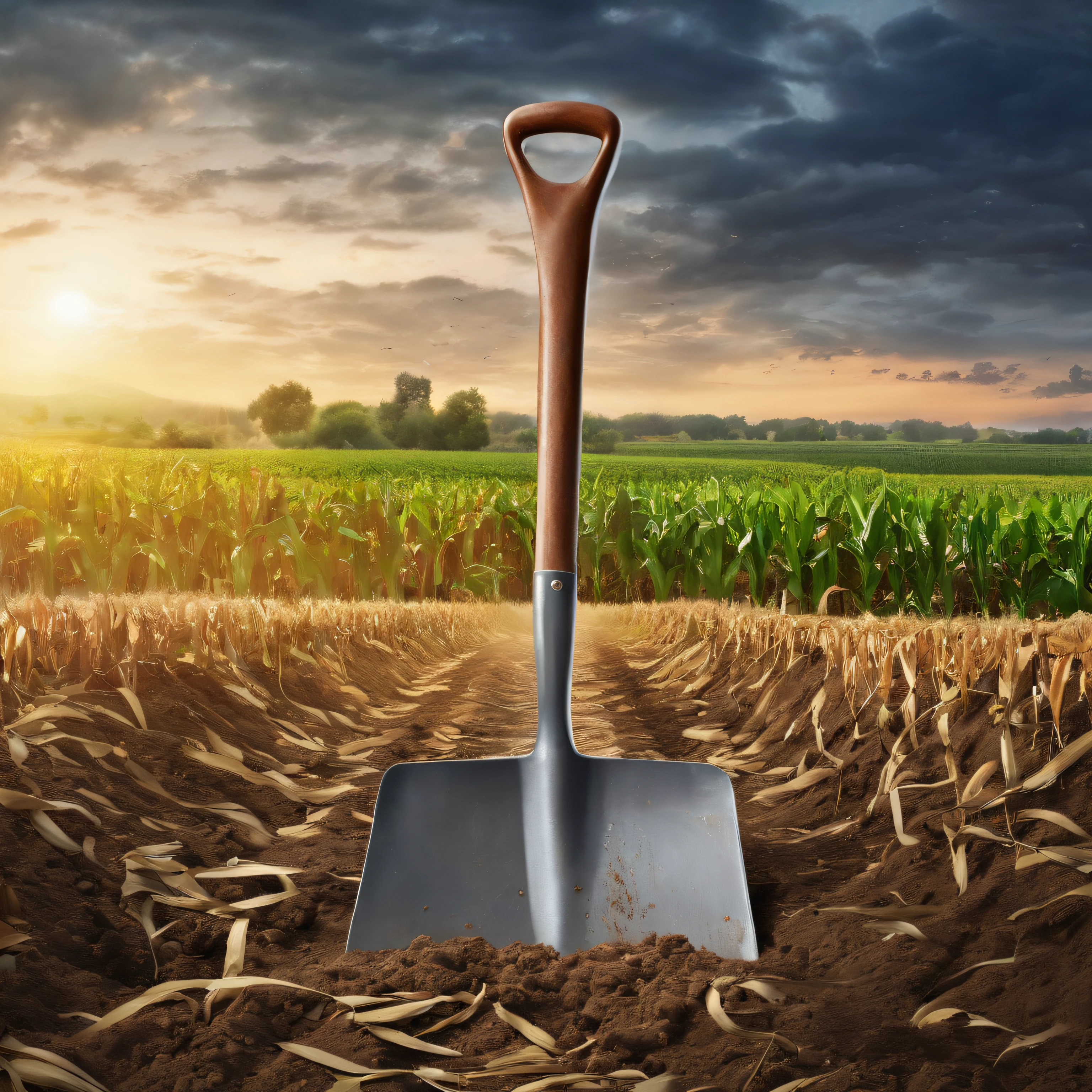 shovel with ribbon on the handle stuck in ground (background: corn fields, dawn sky) oil painting, canvas texture
