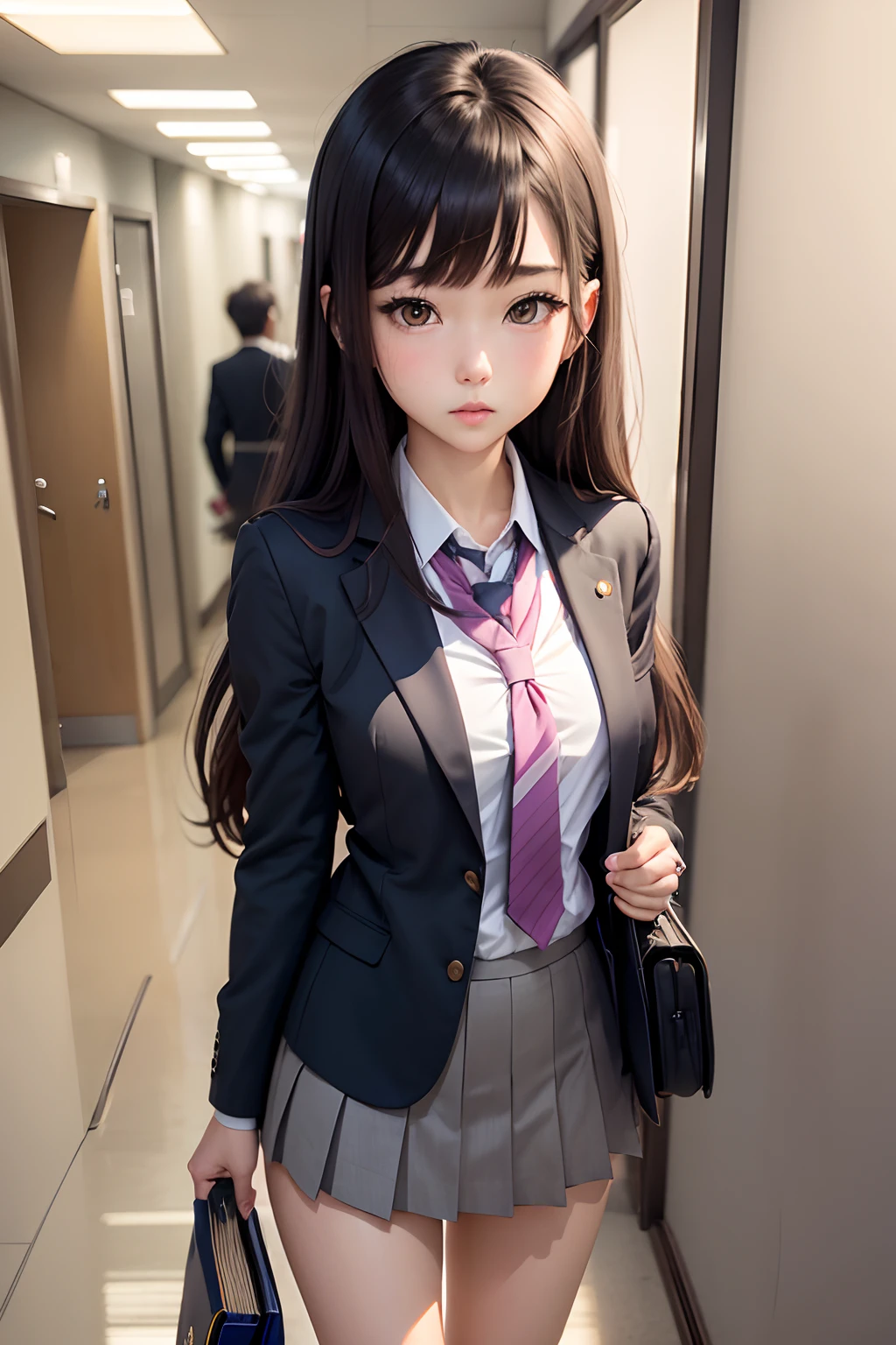 school hallway,Angle from the front,japanes,female students,brown-eyed,Semi-long hair,dark brown hair,blushing、Dark blue blazer,neck tie,student clothes,Checked pleated skirt,a miniskirt,white sock,Black loafers,cute little,full bodyesbian,an legs,Holding a book to his chest