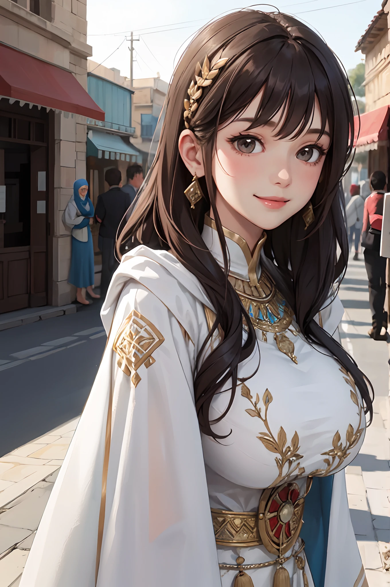 1lady standing, mature female, /(Moroccan caftan clothing/), /(brown hair/) bangs, blush kind smile, (masterpiece best quality:1.2) delicate illustration ultra-detailed, large breast, arms down BREAK /(streets of Turkey/), detailed background