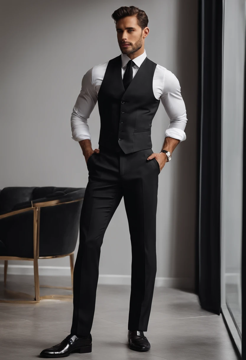 Arafed man in white shirt and black pants standing in a room, Ropa a medida, pantalones grises y zapatos de vestir negros, Atractivo masculino de alta costura, traje formal, Hombre delgado con piel negra, calvo, Macho bonito, Proporciones masculinas, Hermoso y elegante, pantalones de traje negro, Modelo masculino, modelo posando, con un traje de negocios puesto, Hermoso y atractivo