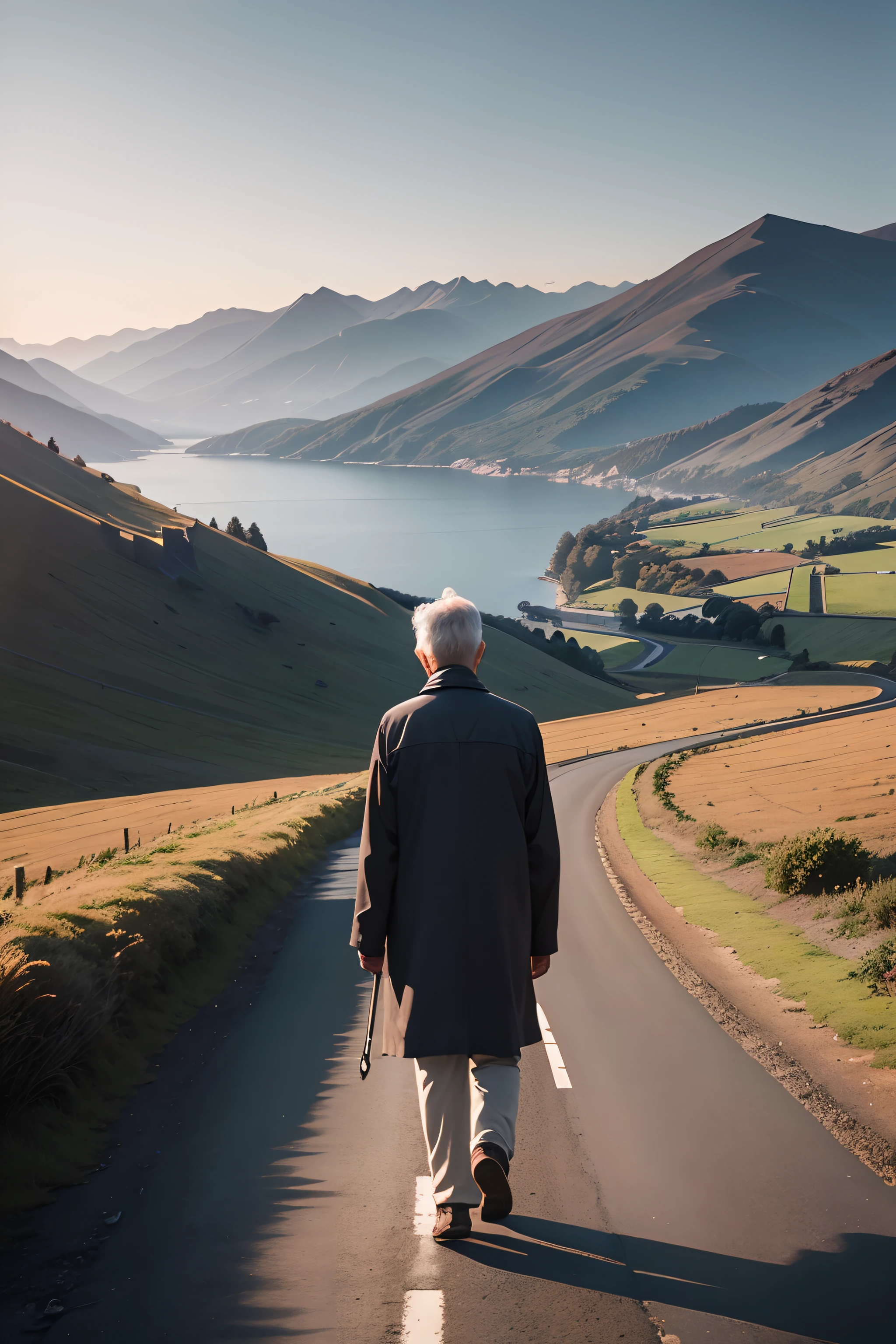 early evening，An old man walked slowly into the distance, He was about 80 years old, looking towards the horizon, distant full body view,On the left side of the road are fields,On the right side of the road is the lake，Mountains loom in the distance ，looking towards the horizon, side looking, near a river,