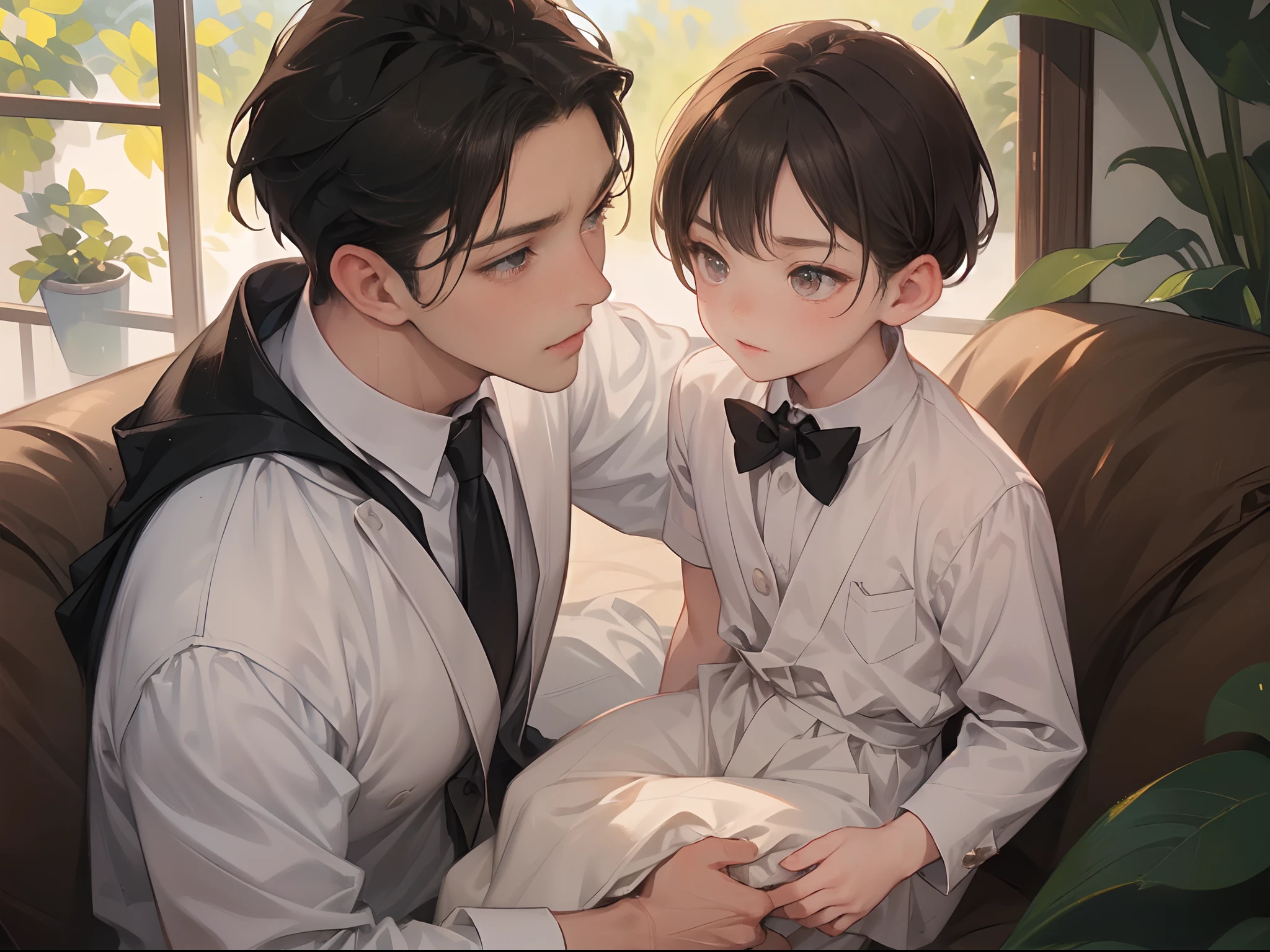 (Masterpiece), (best quality), ((super-detailed)), (shotaoni:1.5),((1 boy and 1 adult mature male)), (gay), looking at another, (The child boy in power)、Adult male obeying the orders of the child master boy,happy face
