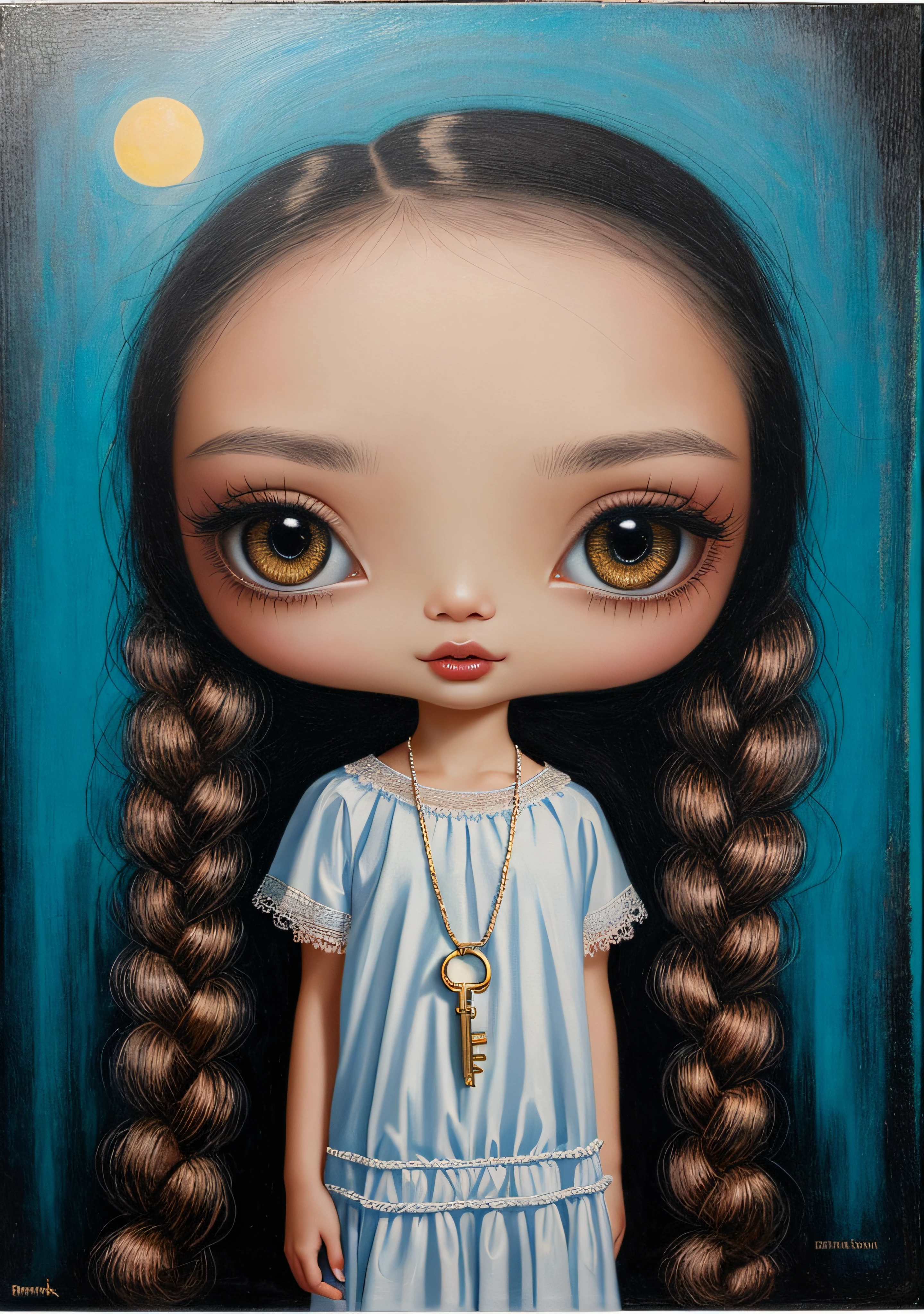 Painting of a girl with long hair and a necklace with a key, Surrealismo pop lowbrow, Estilo Mark Ryden, inspirado por Mark Ryden, Estilo de Mark Ryden, Chica con trenzas, Anton Semenov, Surrealismo pop Lowbrow Art Style, Mark Ryden en el estilo de, Mark Ryden muy detallado, Arte lowbrow, benjamin lacombe