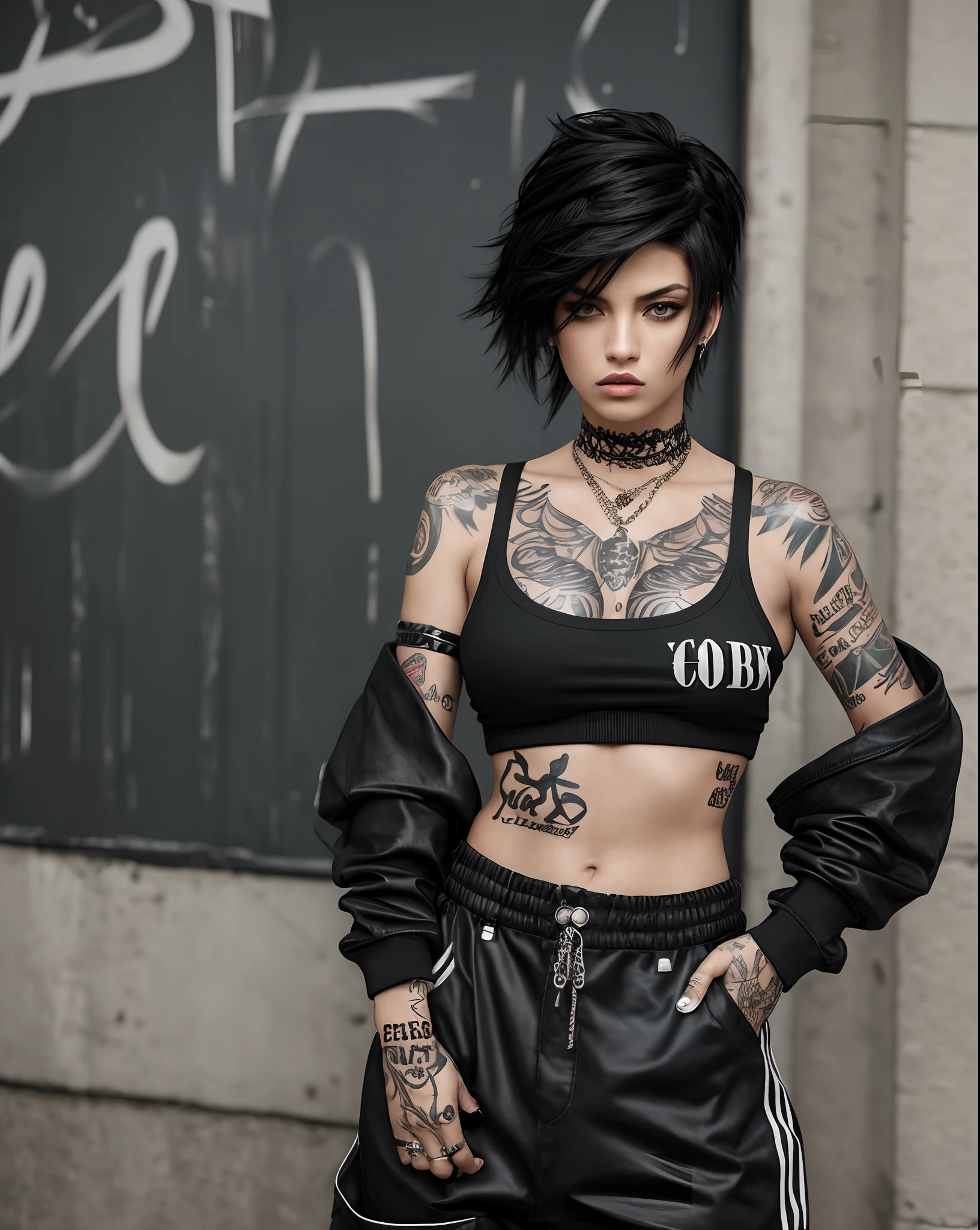 (Artwork, best quality:1.2), 1 girl , ((side view)) , ((hyperrealistic:1.4)), realistic, intrincately detailed, "Punk Girl", in dynamic sensual pose, sexy, hot,  ((spiky mohawk hair, Black punk hair, angry face, wearing a black jacket, chains, sunglasses. Rocket style, tattooed girl , ((hot body, slim Body, bikini boobs))' Showing belly. (((Realistic skin, skin Textures, glowing skin, detailed eyes, realistic eyes))), Shallow depth of field, vignette, highy detailed, high budget, bokeh, cinemascope, temperamental, epic, marvelous, film grain, grainy. ((Abandoned Graffiti Wall Background, garbage,  cinematic lighting )).