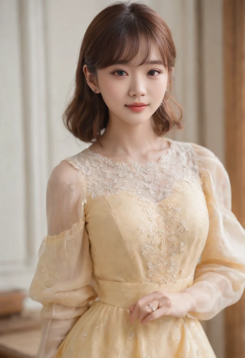 top-quality, Photorealsitic, ​masterpiece, 8K, Hi-Res, 独奏, 1girl in, (((infp young woman))),sixteen years old、full body Esbian、(small tits), ((Look at viewers)), (look at a camera), ((Different hairstyles close to long)）、Perfect straight black hair、(((With bangs)))、 (profetional lighting), Highly detailed bright face、Gentle Japan girl、Lovely smile、Small cleavage、With lace、yellow dress（long-sleeve）、Standing in the room