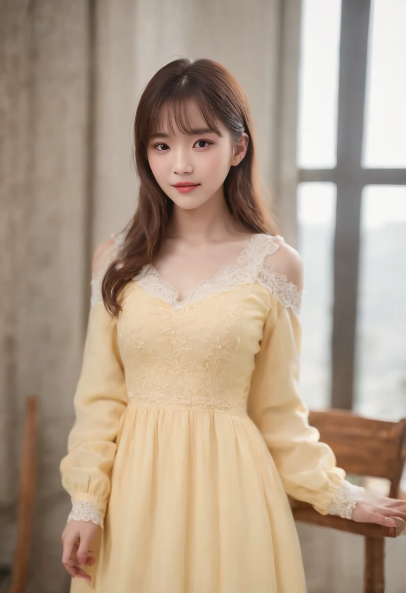 top-quality, Photorealsitic, masterpiece, 8K, Hi-Res, 独奏, 1girl in, (((infp young woman))),sixteen years old、full body Esbian、(small tits), ((Look at viewers)), (look at a camera), ((Different hairstyles close to long))、Perfect straight black hair、(((With bangs)))、 (profetional lighting), Highly detailed bright face、Gentle Japan girl、Lovely smile、Small cleavage、With lace、yellow dress(long-sleeve)、Standing in the room