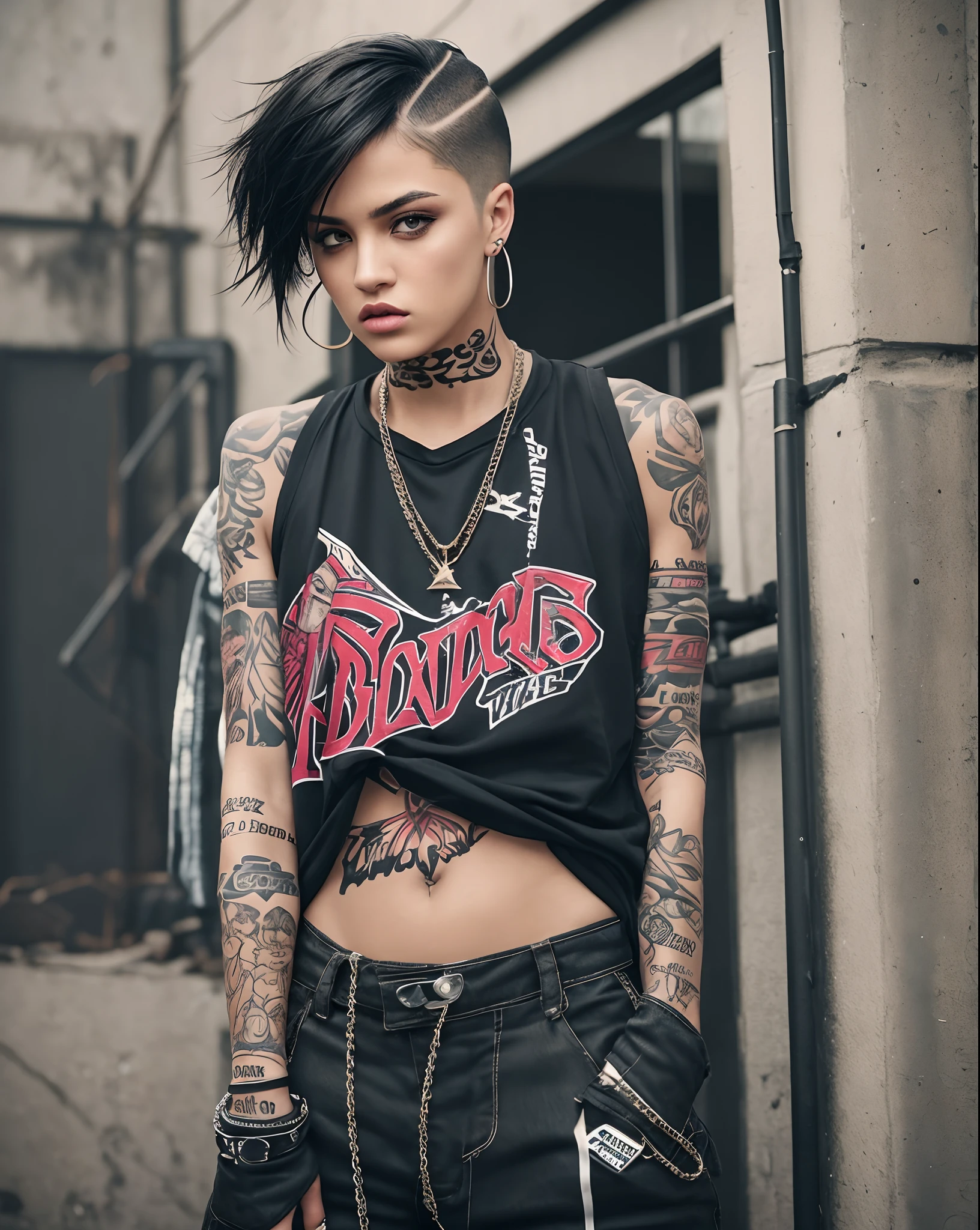 a cocky, badass, and arrogant female chav rapper with a tomboy edge. overpowering presence. strutting confidently, her slim, perfectly-tailored haircut reflecting her bold personality. She's adorned in loose-fitting, edgy streetwear that screams westside gang hip-hop swagger. Her tattoos are a canvas of her rebellious spirit, telling stories of the streets. baggy saggy pants ride low, exposing a hint of her streetwise attitude. her pants hang low she is grabbing her crouch while djing dj