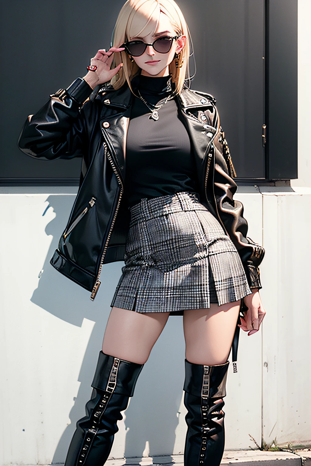 ((Masterpiece, best quality,edgQuality)), smug,smirk, edgADC_fashion, blonde Nadia with sunglasses and a choker,leather jacket, plaid skirt, turtleneck,leather boots ,wearing edgADC