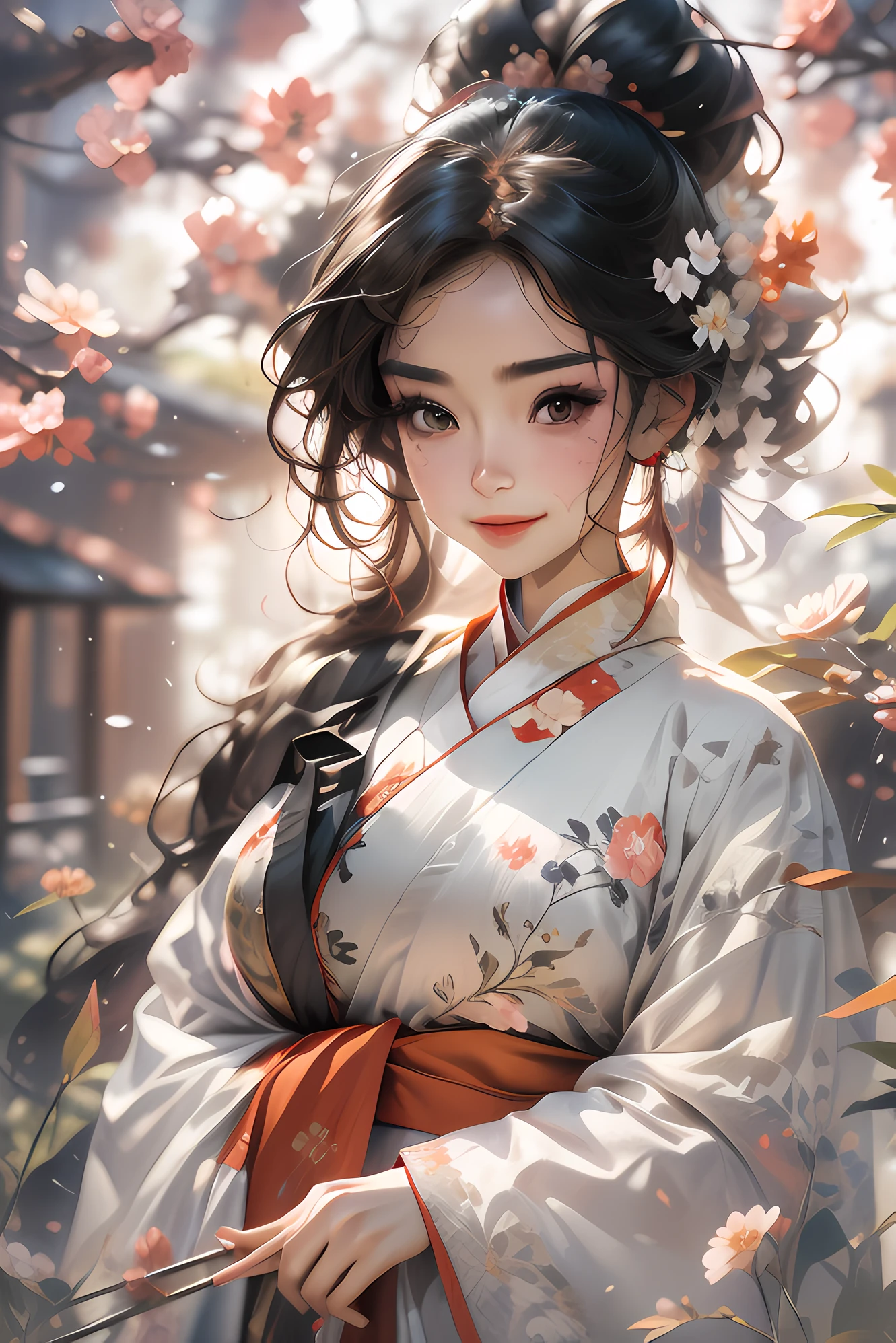 A Chinese woman who looks feminine and pampered，Movie Angle,( cute female child,Anatomically correct,full bodyesbian,Masterpiece camellia,Representative work Hanfu,Smile),(illustration,paper art,a 3D render),(Extremely colorful, Best quality, high detal, Masterpiece, Cinematic lighting, 4K, Chiaroscuro)，Ancient wind，Kizi，Ink fairy，delicated，Light brown eyes，cabelos preto e longos，High ponytail，pigtails，Wings，Extreme light and shadow，Hanfu，palaces，Light，8k wallpaper，Master painting，petals，lakes，bow and arrows，grin，Black eyes