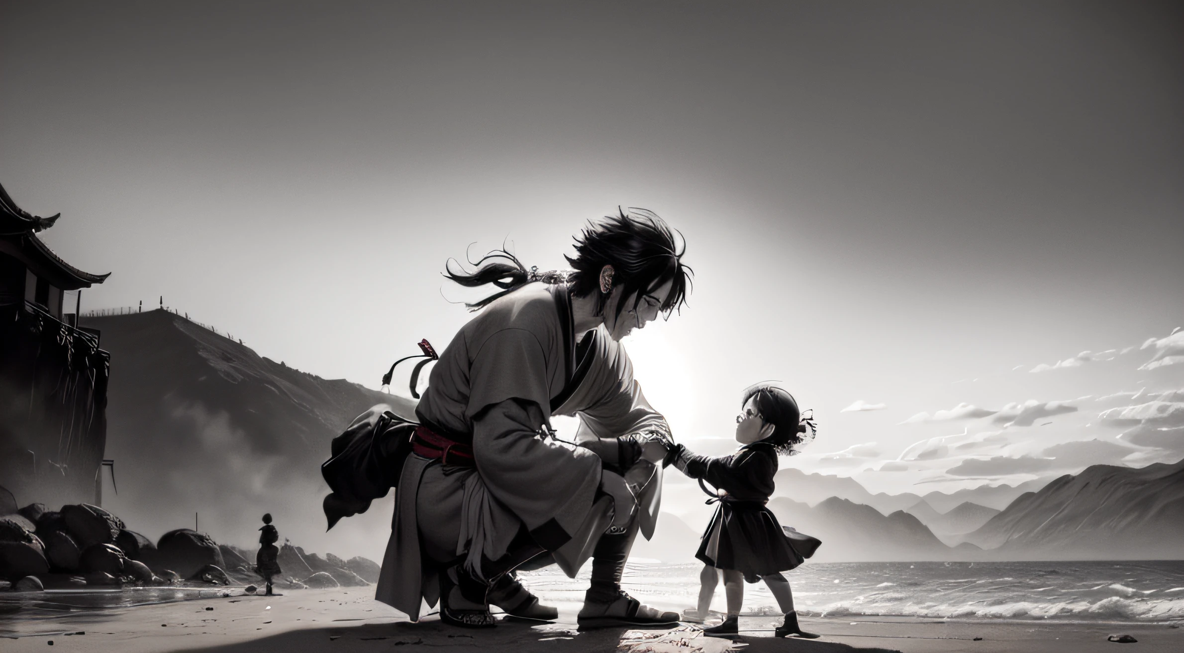 MIYAMOTO MUSASHI playing with kids vagabond, manga style of kentaro miura, outdoor , clam, black and white , smile
