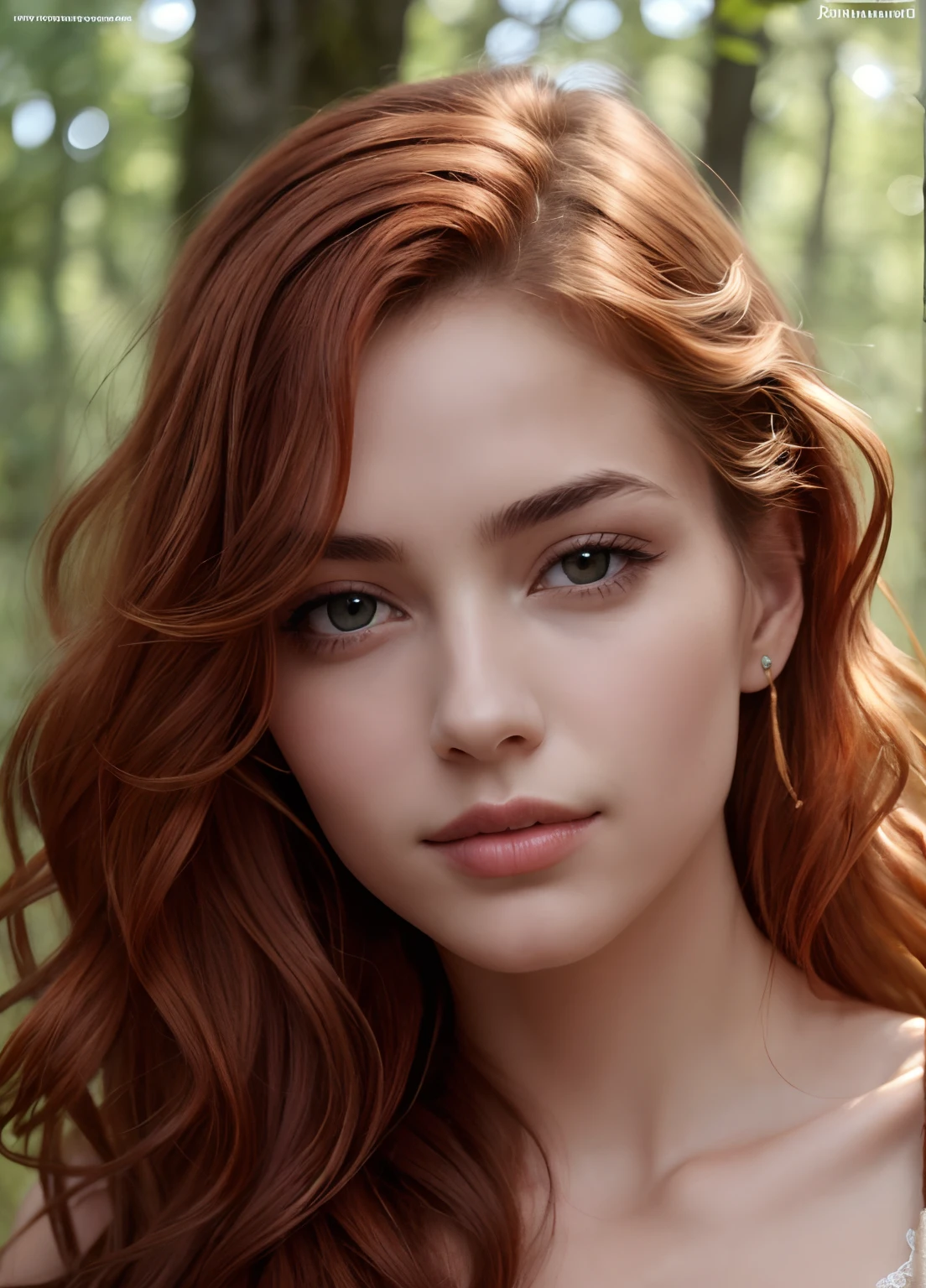 Very high quality photo, Photo brute, beautiful face and detailed eyes, (Visage heureux: 1.5), 1 view of girl from below,, seulement, (wavy red hair, Capillary entrances:1.36), in a forest, debout dans diverses poses sexy, corps entier, outroors, Corps maintenant, belles jambes, beau cul, Beaux seins naturels, Parfait Nice  , Realistic shaved  , delicate fingers, Detailed pupil, Une vraie peau humaine, peau brillante, Very high quality photos, (photoreallistic:1.5), Best quality, high resolucion, Realstic, 16k, Caustiques, Ombre centrale, dynamic light, beautiful and delicate lips, delicate fingers, Detailed pupil, Une vraie peau humaine, (Extremely detailed),