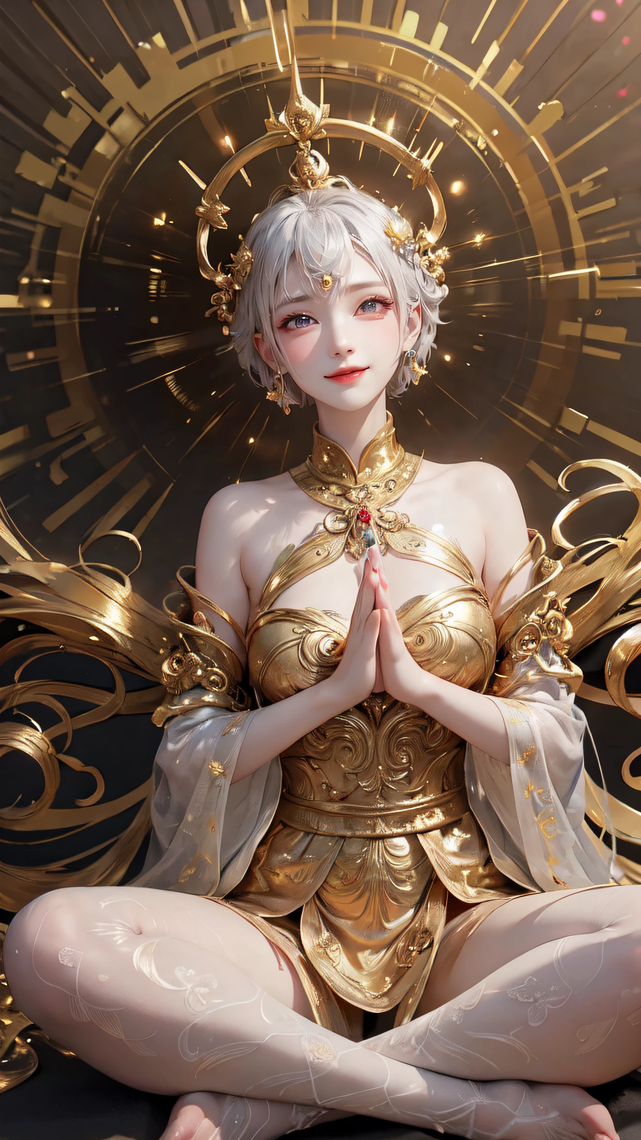 a Buddhist Buddha, Serene expression, Lotus position, Golden halo, Peaceful atmosphere, Detailed facial features, Intricate patterns on robes, Exquisite craftsmanship, Sculptural, Traditional art style, Vibrant colors, Soft and diffused lighting, Quiet and peaceful environment, divine presence, ethereal aura, Spiritual enlightenment, Majestic and magnificent, Holy and revered, Complex gestures, State of well-being,The legs are a little thinner,Huge