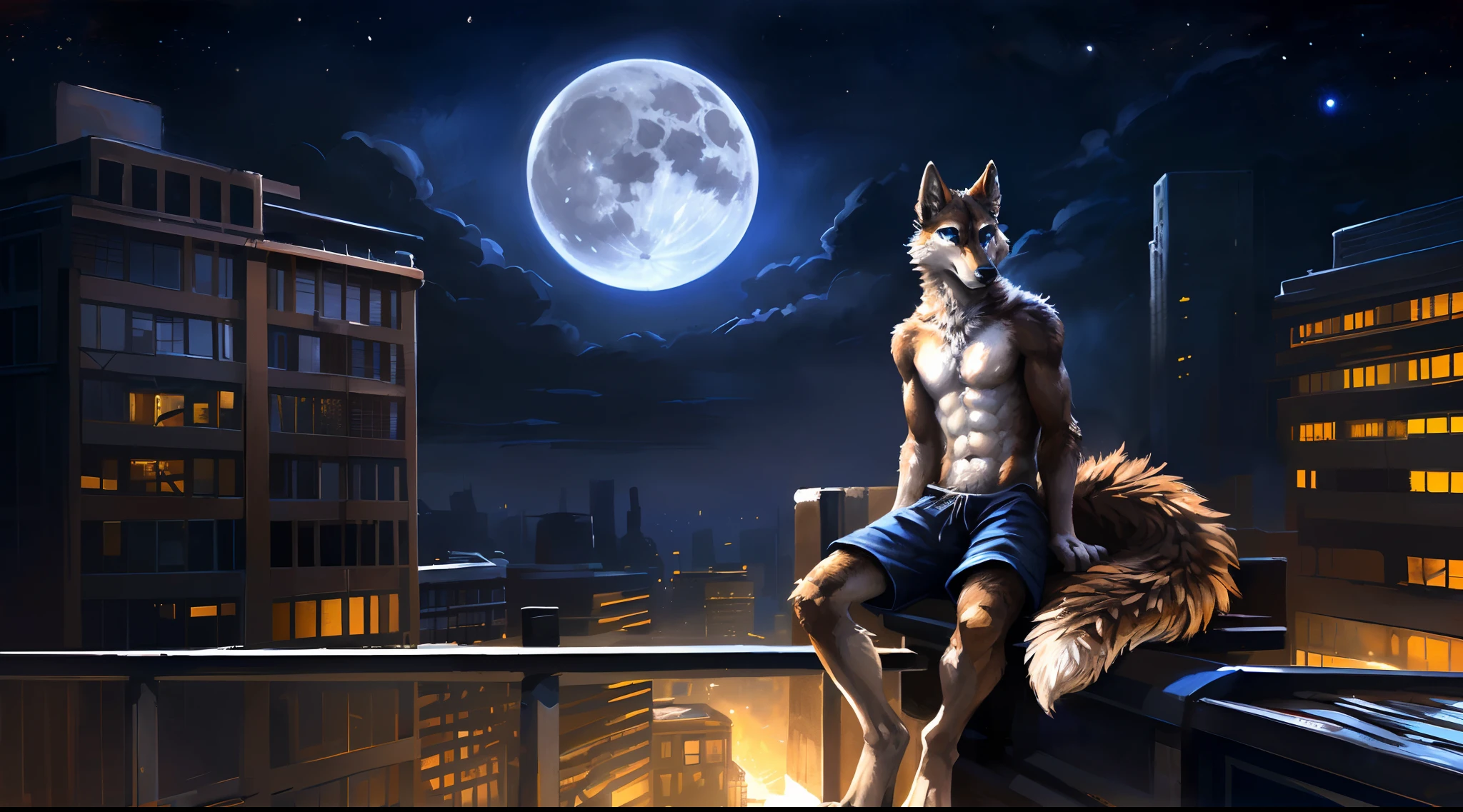 ((Solo)), male people, anthro wolf, (Multi-colored fur, White-brown:1.3), ((Wolf face, White hair, Big eyes, White eyelids, Blue pupil, Slim:1.2) (Tough, Calm expression:1.2)), Abs, Slim, pinging)), (Correct anatomy), (Work shorts:1.1), (Contour bone:1.2), The upper body is naked, (detailed outfits),A big tail，Feet，Long legs，(Realistic fur, Detailed fur texture, labeled:1.3)), (Natural lighting), Photorealistic, Hyperrealistic, ultradetailed, by Kenket，In the modern city，Roof roof，the night，Sit alone，Look at the full moon，It was dark，Starry