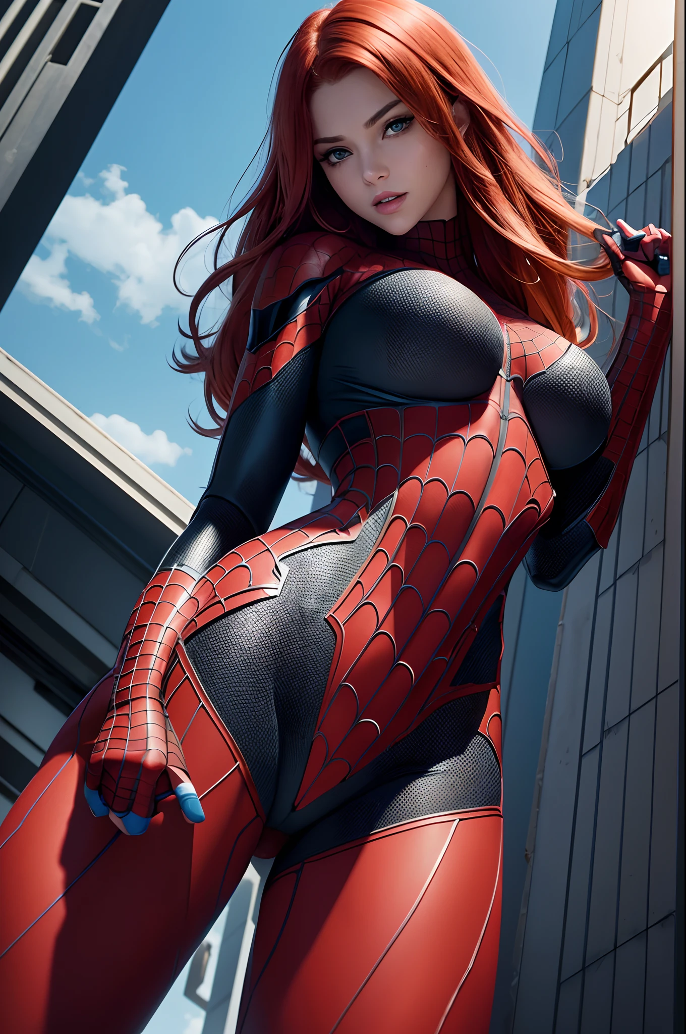 Redhead girl with a sexy thin waist, hot big ass, ultra realistic photo, eroic expression, perfect and detailed face, (she wears a torn Spider-Man outfit showing her huge breasts, hot ass seen from below) dressed as Spider-Man from Marvel Comics, on top of a building, Cinematographic, (ultra realistic), (illustration), (very high resolution), (8k), (very detailed), (best illustration), (best quality), (ultra detailed), ( master piece), alone, (Dynamism), dark studio, she wears a futuristic jacket, perfect American goddess, Beautiful innocent girl, (Spider-Man's torn outfit, with her beautiful huge and long breasts showing, giant pointy breasts), breasts coming out of their clothes and showing, marked pussy showing her pubic hair, erotic hot girl, half naked, marked pussy,