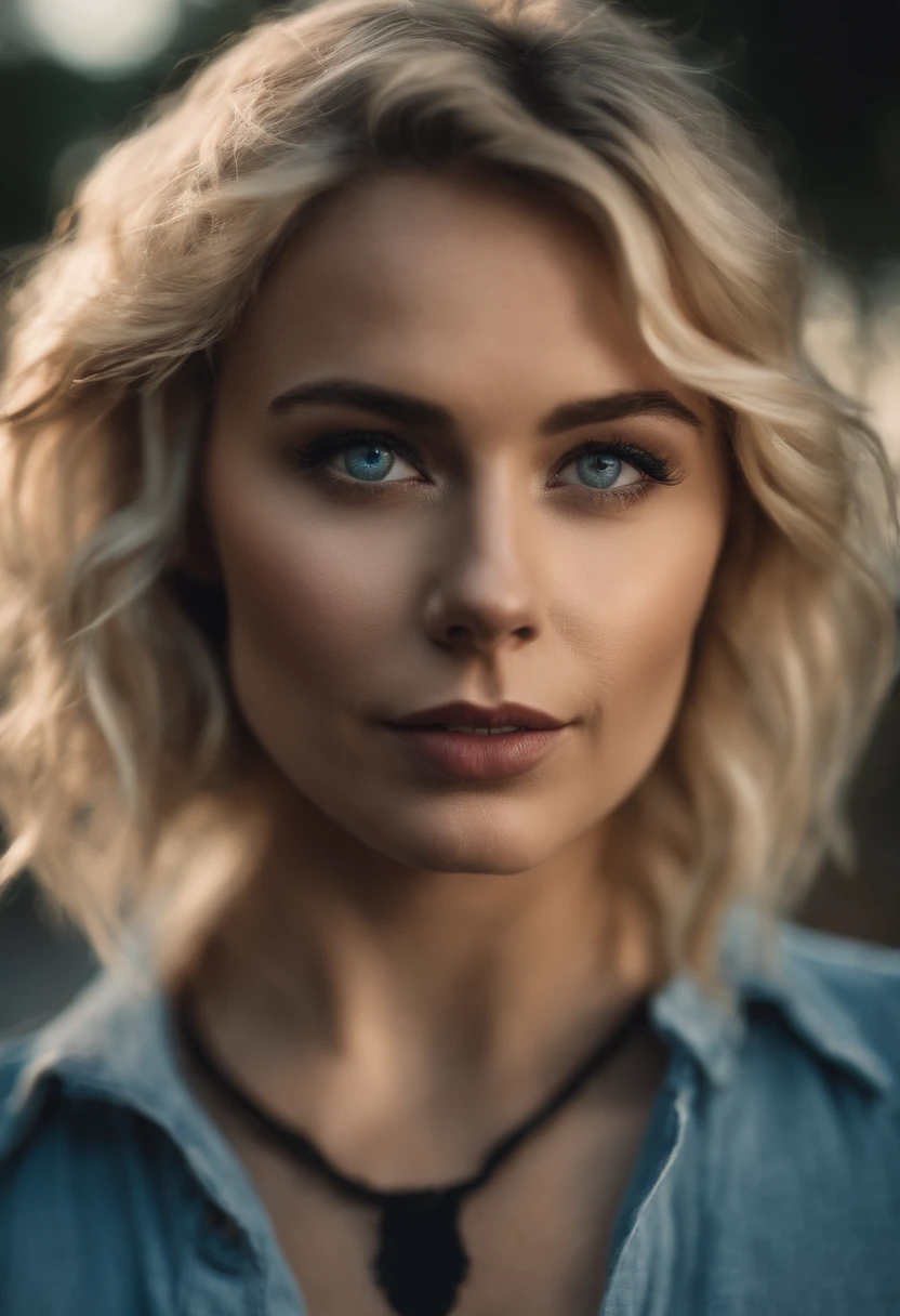 1 woman, short blonde wavy hair, beautiful blue eyes, frackled, wearing choker, black t-shirt, jean shorts, stockings,