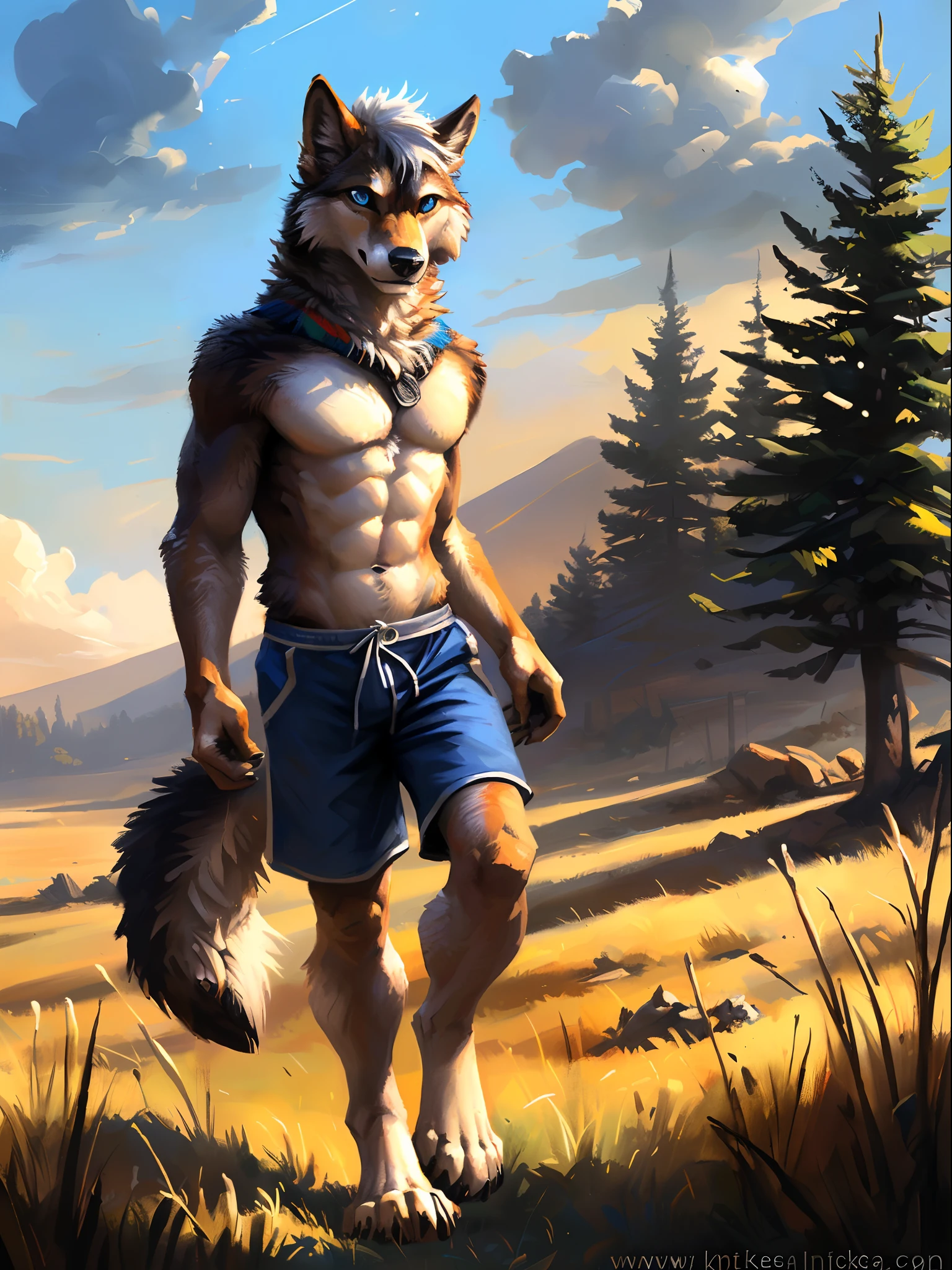 ((Solo)), male people, anthro wolf, (Multi-colored fur, White-brown:1.3), ((Wolf face, White hair, Big eyes, White eyelids, Blue pupil, Slim:1.2) (Tough, Calm expression:1.2)), Abs, Slim, pinging)), (Correct anatomy), (Work shorts:1.1), (Contour bone:1.2), The upper body is naked, (detailed outfits),A big tail,Feet,(Realistic fur, Detailed fur texture, labeled:1.3)), (Natural lighting), Photorealistic, Hyperrealistic, ultradetailed, by Kenket,Endless grasslands,No artificiality,erect through,Running on